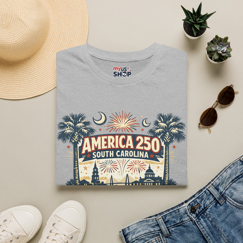 America 250 South Carolina T‑Shirt — Patriotic 250th Anniversary Tee with Palms & Fireworks