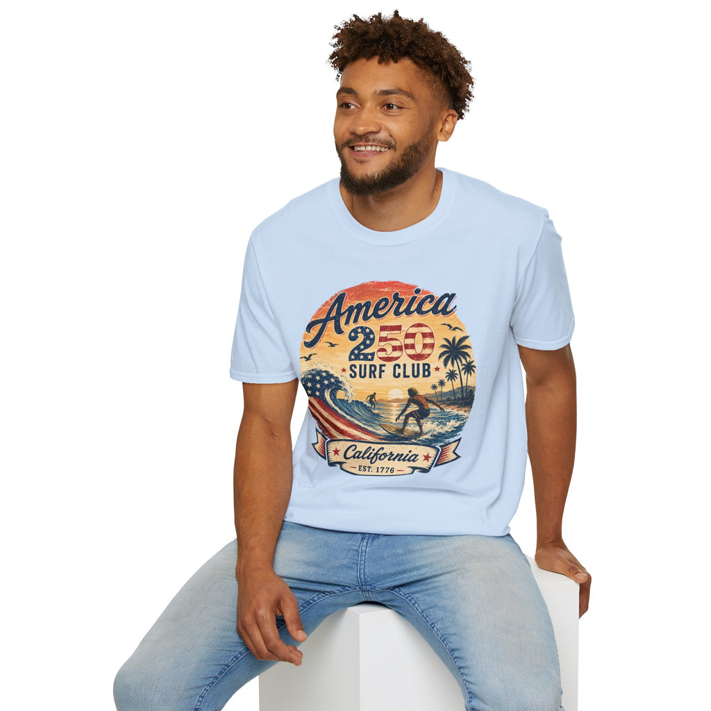America 250 Surf Club T-Shirt — Patriotic California Surf Vintage Tee