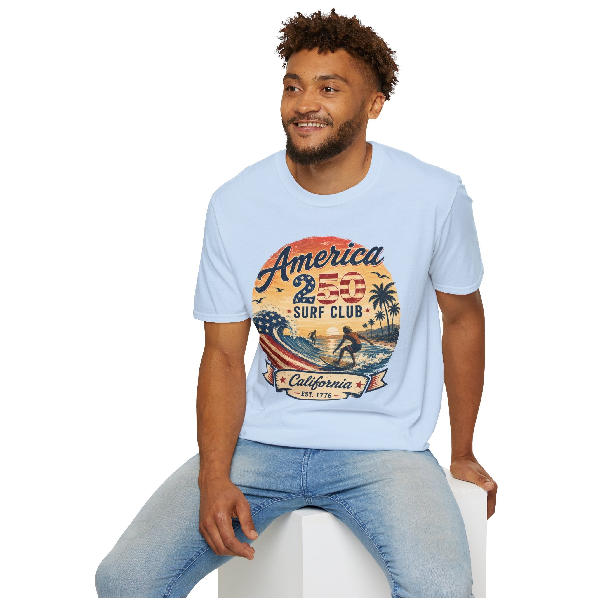 America 250 Surf Club T-Shirt — Patriotic California Surf Vintage Tee