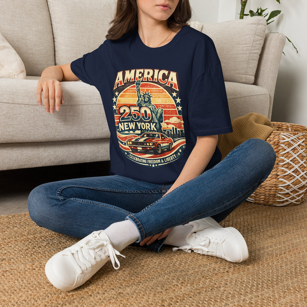 America 250 New York T-Shirt — Retro Statue of Liberty Graphic