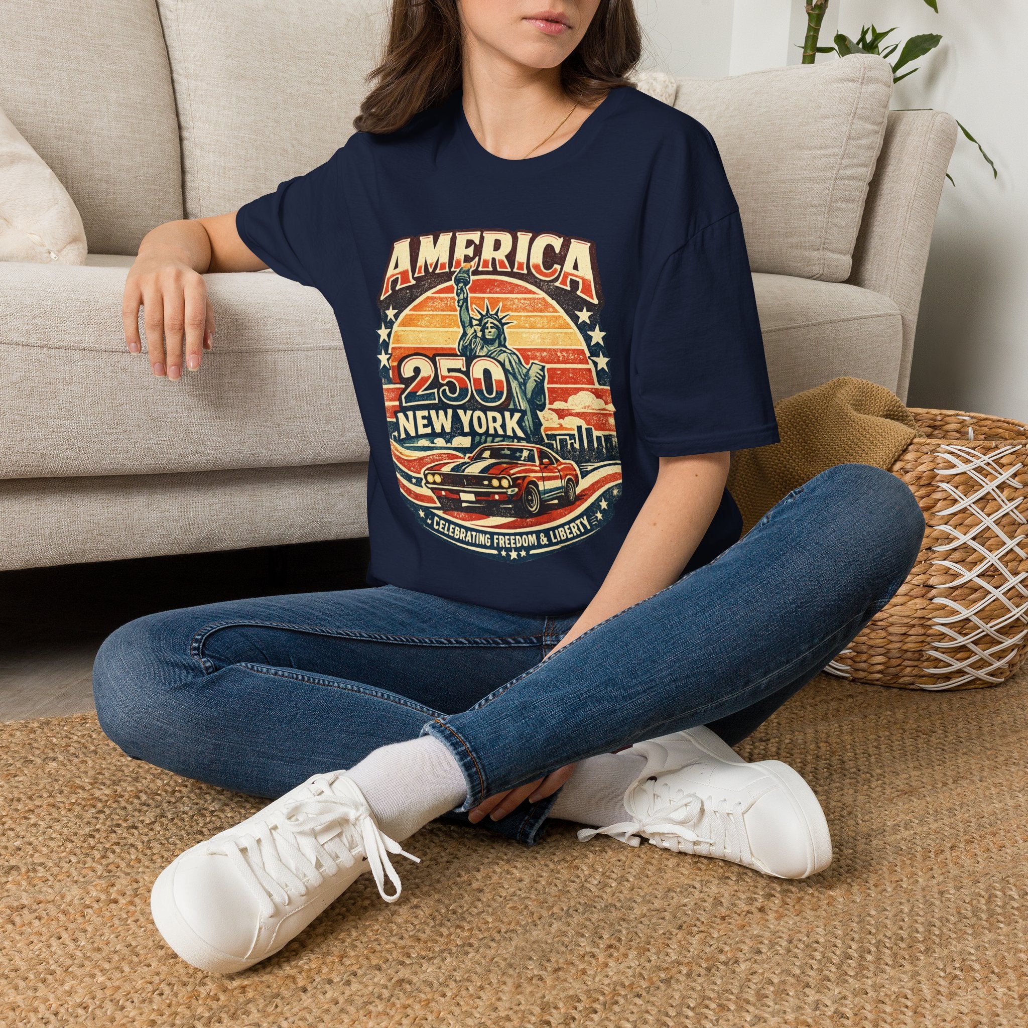 America 250 New York T-Shirt — Retro Statue of Liberty Graphic