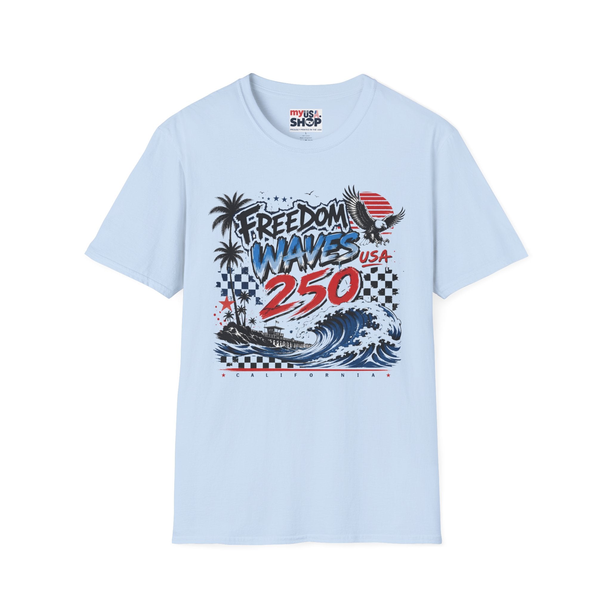 Freedom Waves America 250 USA T-Shirt — Patriotic Surf Graphic Tee