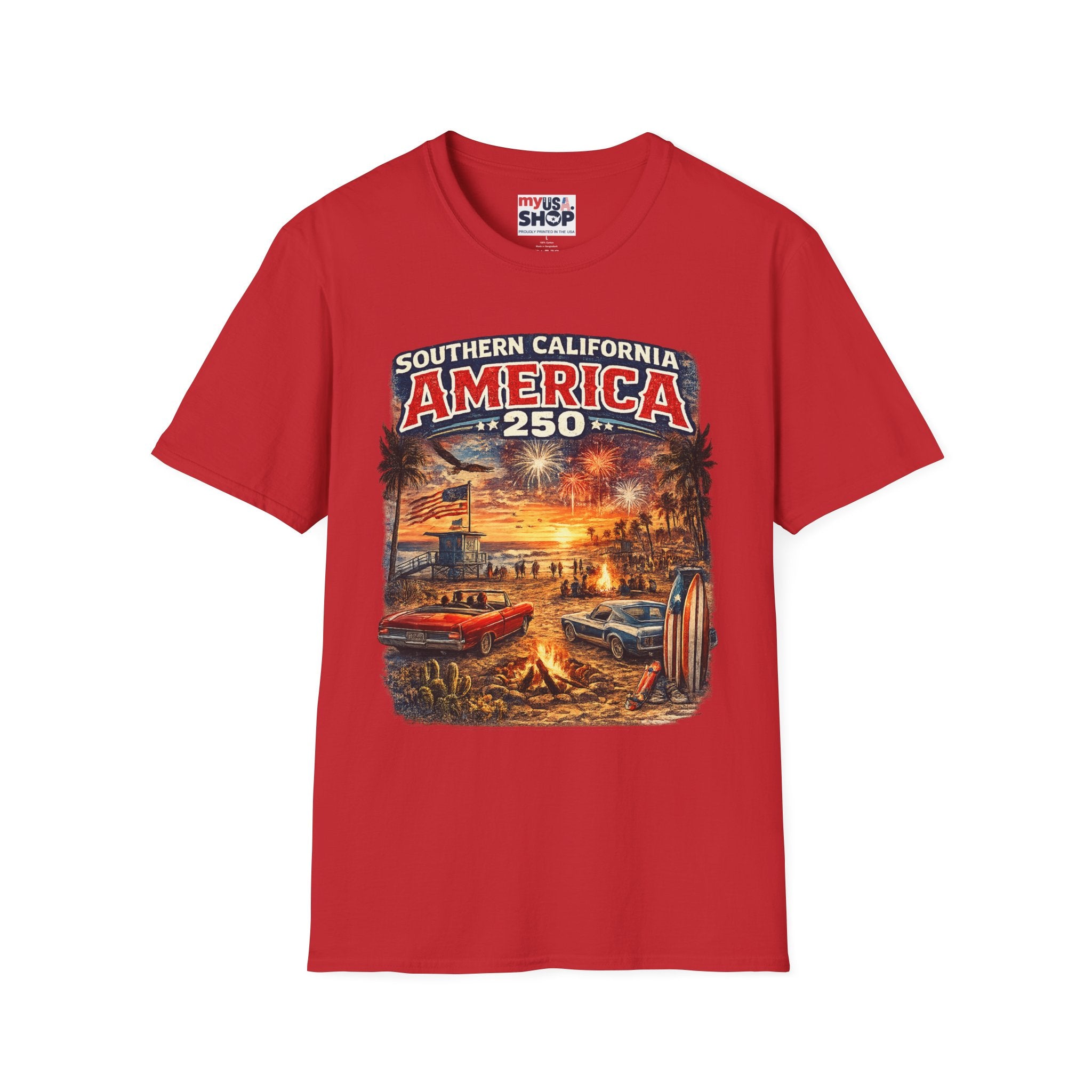 America 250 Southern California Sunset T-Shirt — Patriotic 4th of July Beach Vintage Tee