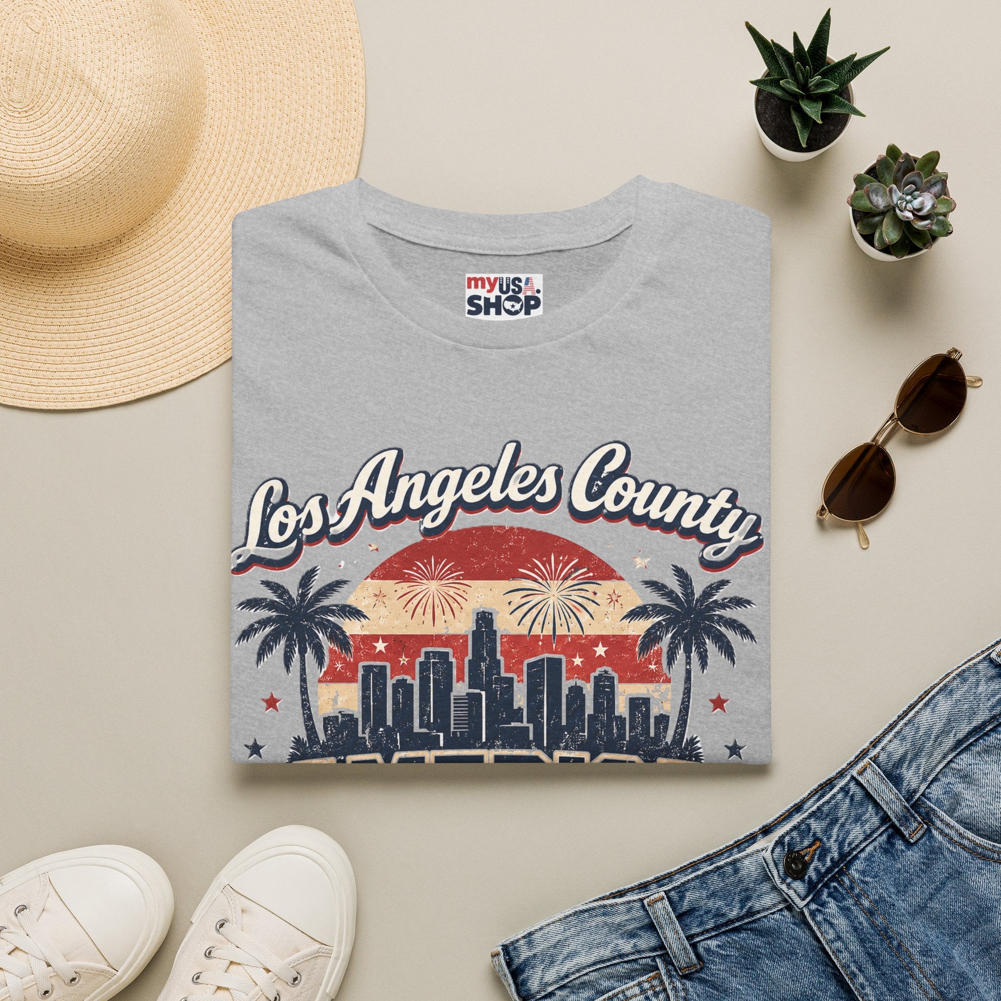 Los Angeles County Skyline T-Shirt — Vintage American 250 Fireworks Design