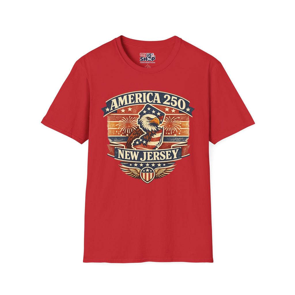 America 250 New Jersey T‑Shirt — Patriotic Bald Eagle & Fireworks Tee