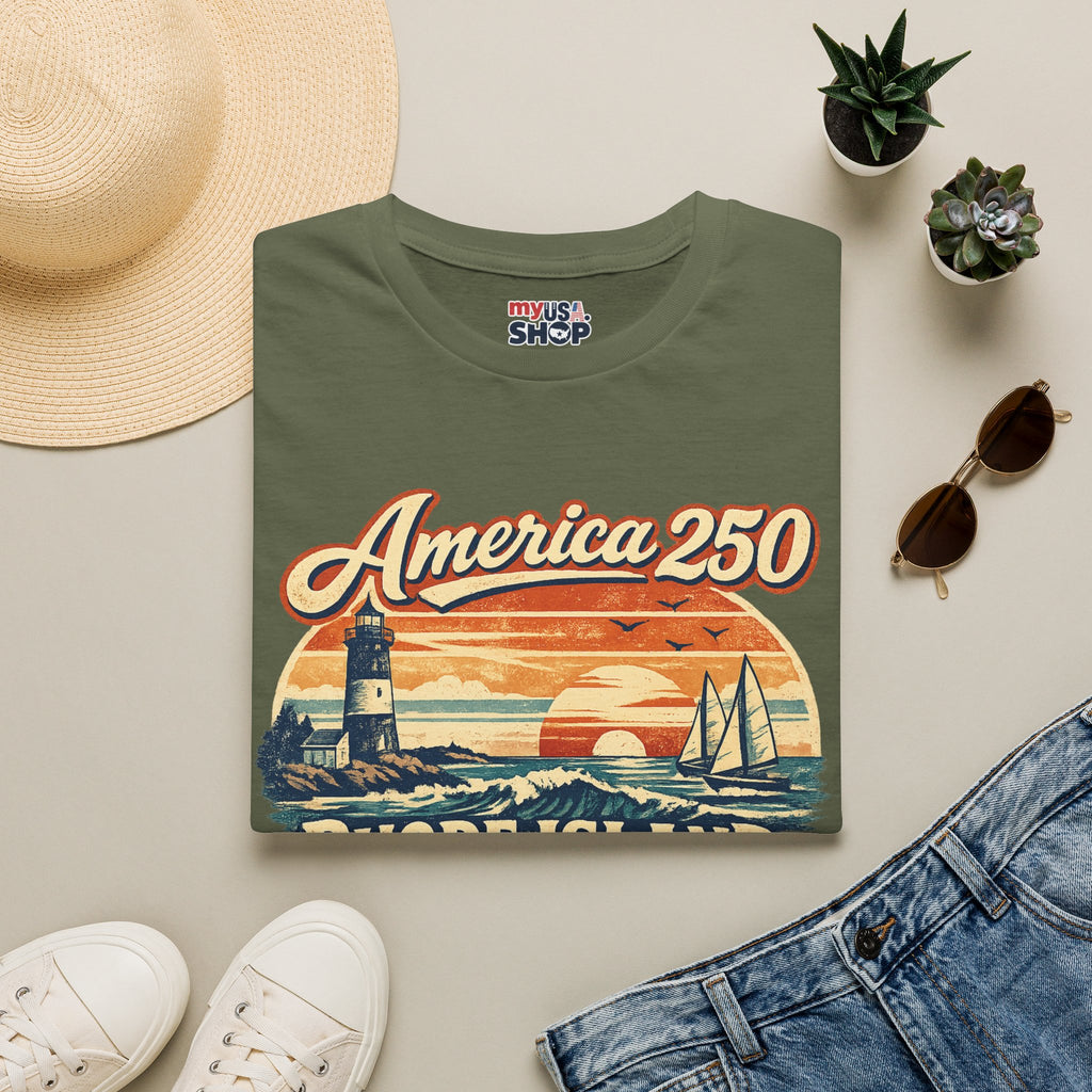 America 250 Rhode Island Heritage Shirt — Coastal Lighthouse Sunset Tee