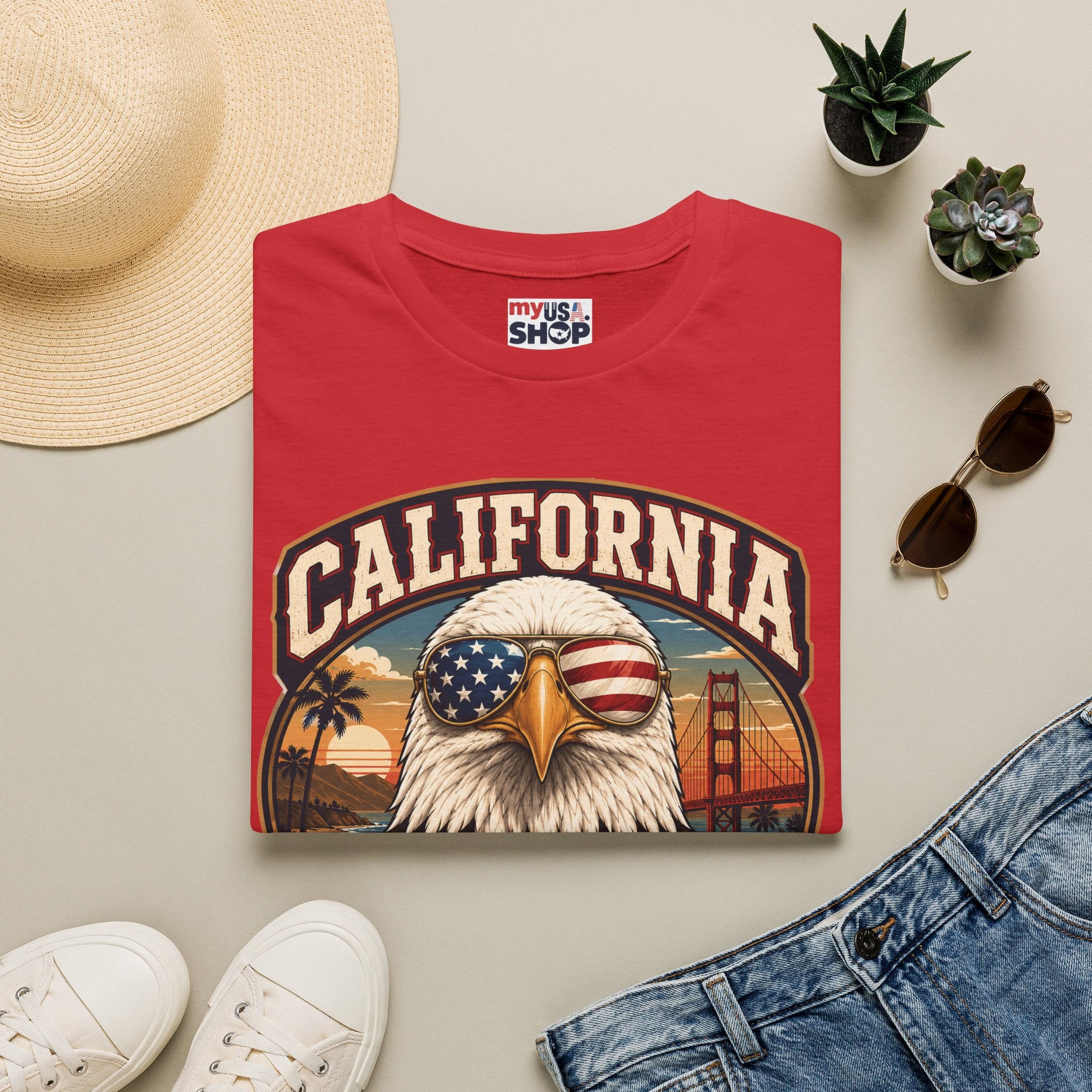 America 250 California Eagle Club T-Shirt — Patriotic Vintage Bald Eagle & Golden Gate Tee