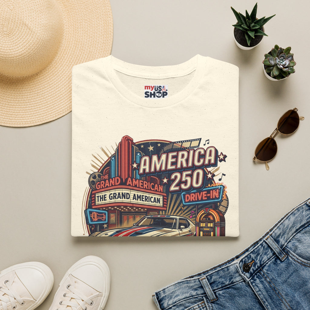 America 250 Vintage Drive-In Car T-Shirt — "Born to Entertain the World" Pop Culture