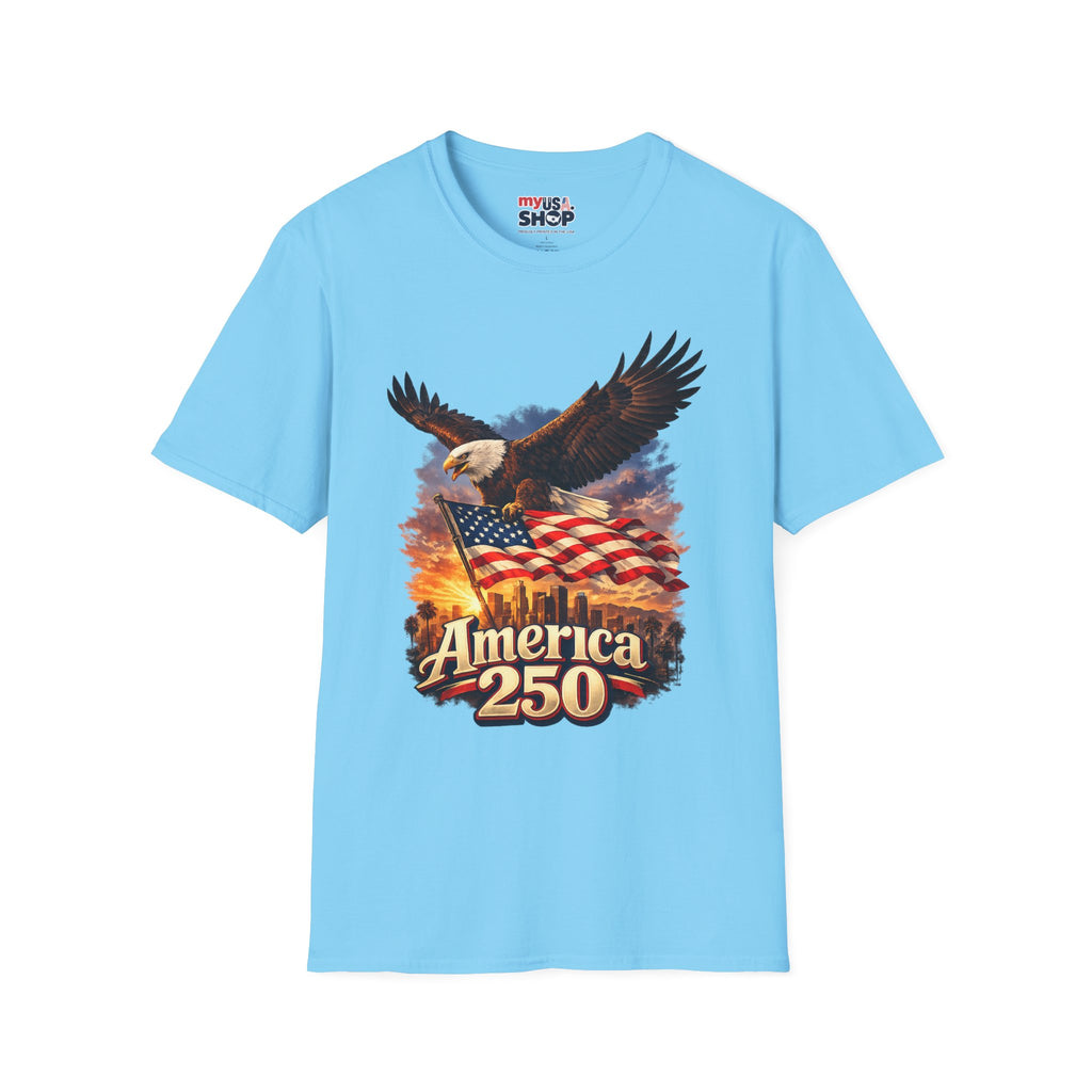 America 250 Los Angeles Eagle Flag Skyline Palms Sunset White California Tee