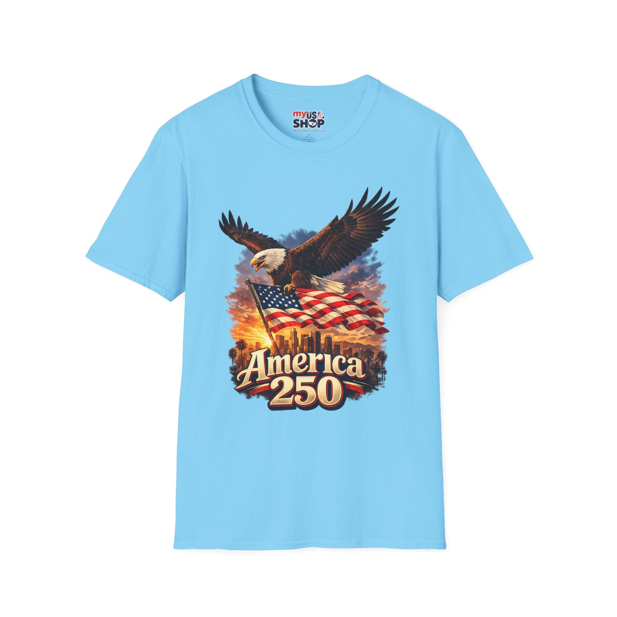 America 250 Los Angeles Eagle Flag Skyline Palms Sunset White California Tee