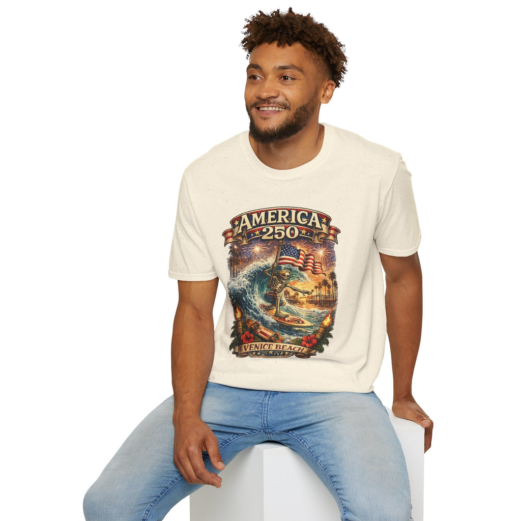 America 250 Venice Beach T-Shirt — Patriotic Vintage Surf & Fireworks Tee