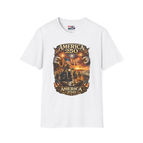 America 250 Celebration T-Shirt — Patriotic Fireworks & Bald Eagle Tee