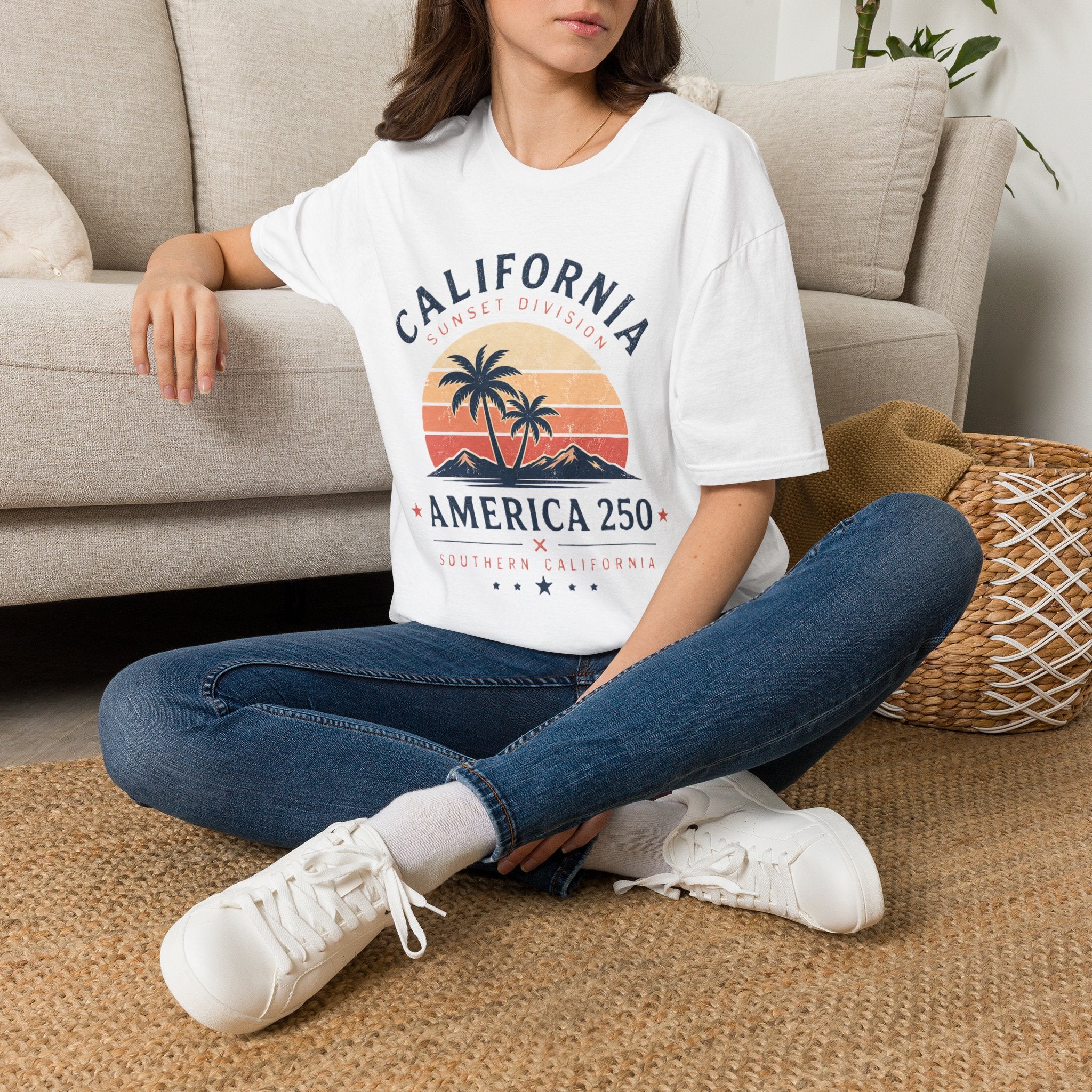 America 250 California Sunset T-Shirt — Palm Tree Retro Beach Tee