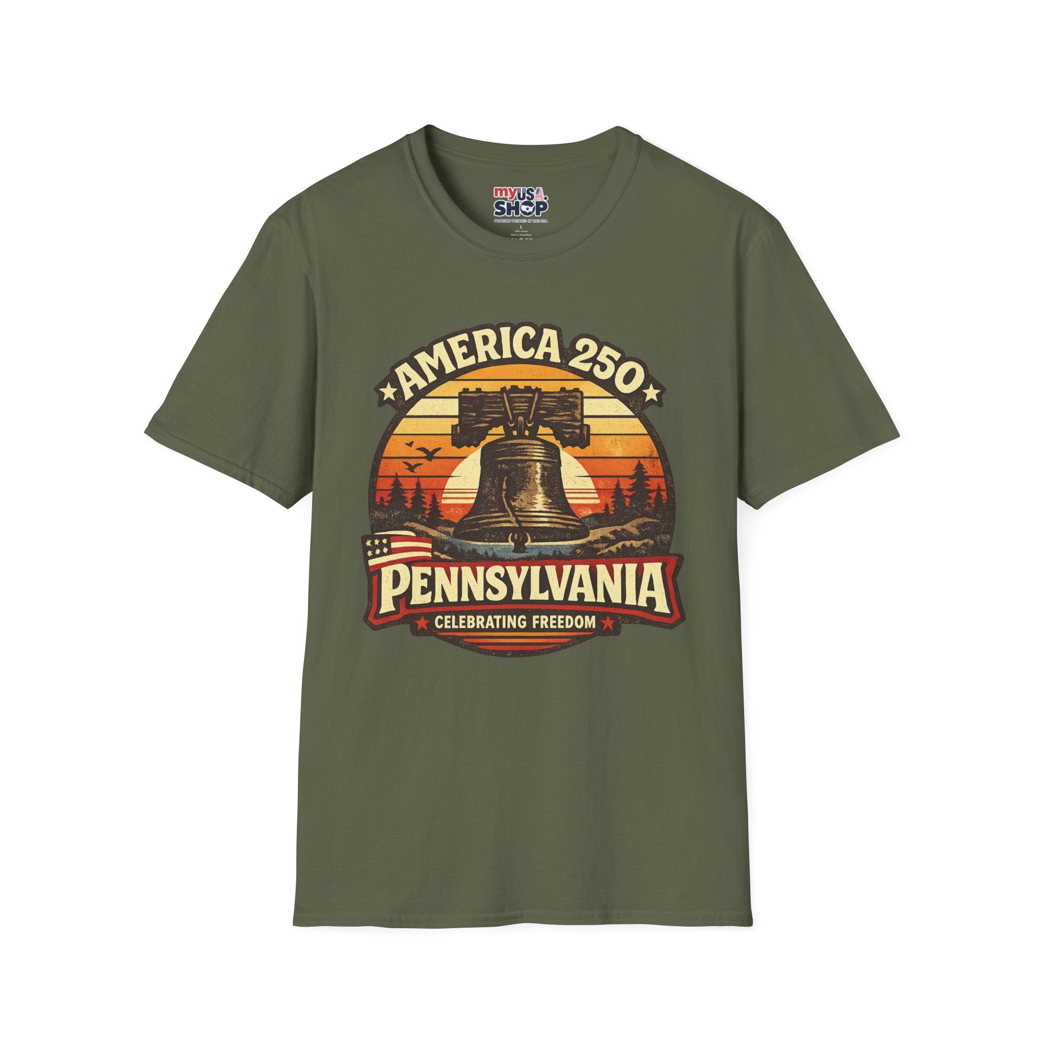 Pennsylvania America 250 Shirt — Retro Sunset Liberty Bell Graphic Tee
