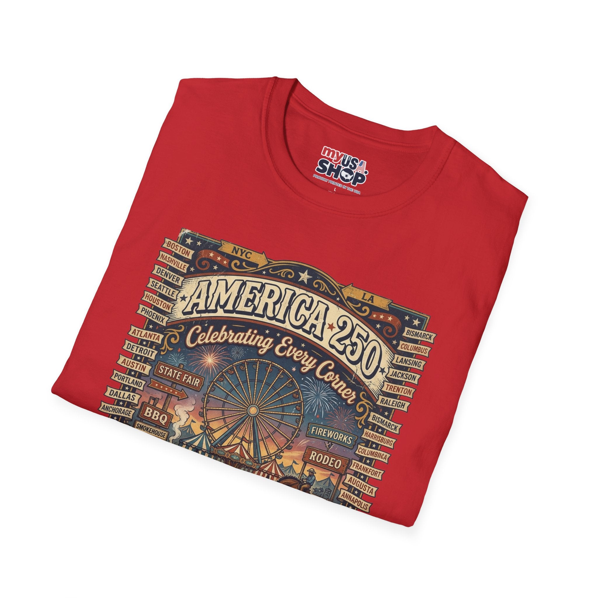 America 250 Celebration T-Shirt — Vintage Fair Ferris Wheel Patriotic Tee Pop Culture