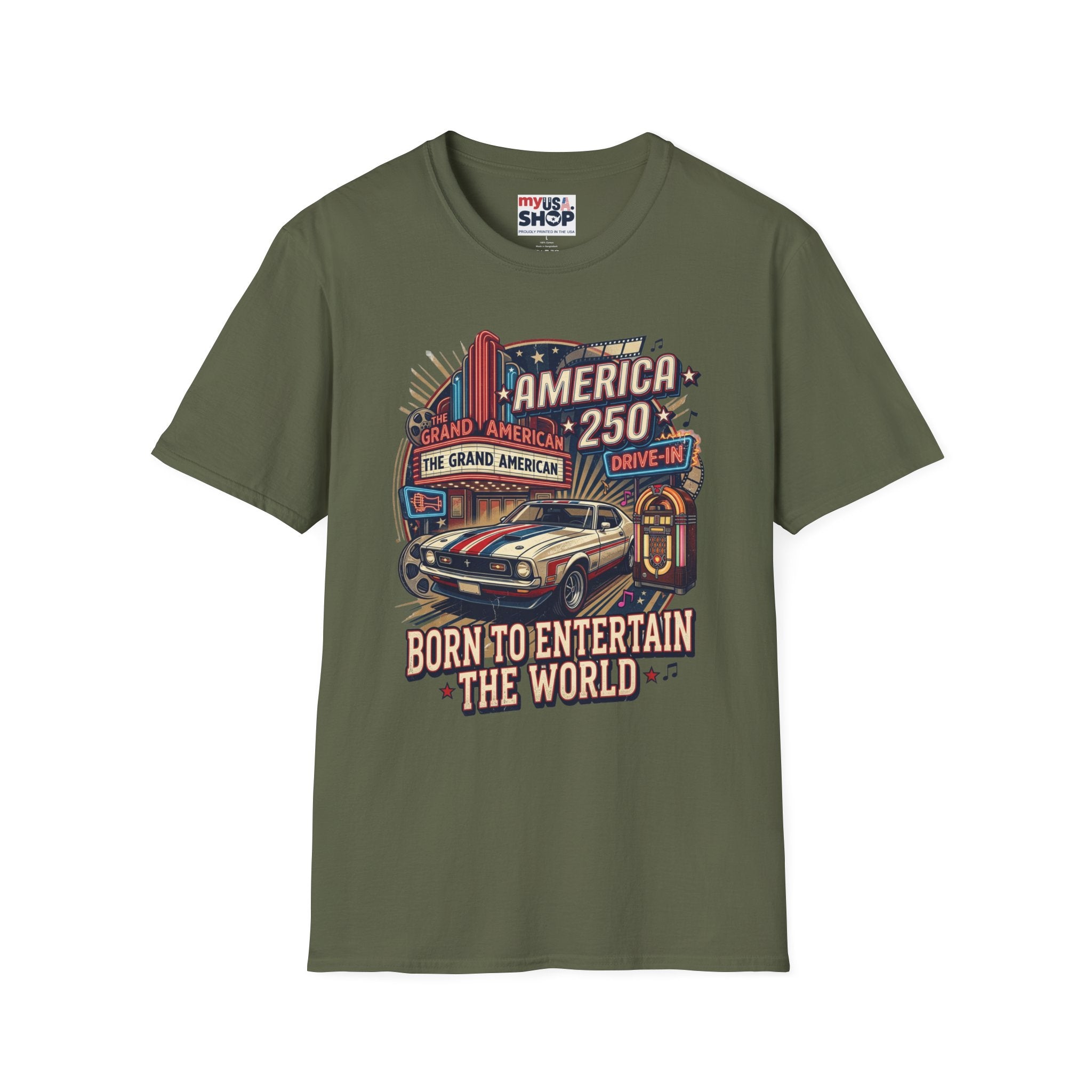 America 250 Vintage Drive-In Car T-Shirt — "Born to Entertain the World" Pop Culture