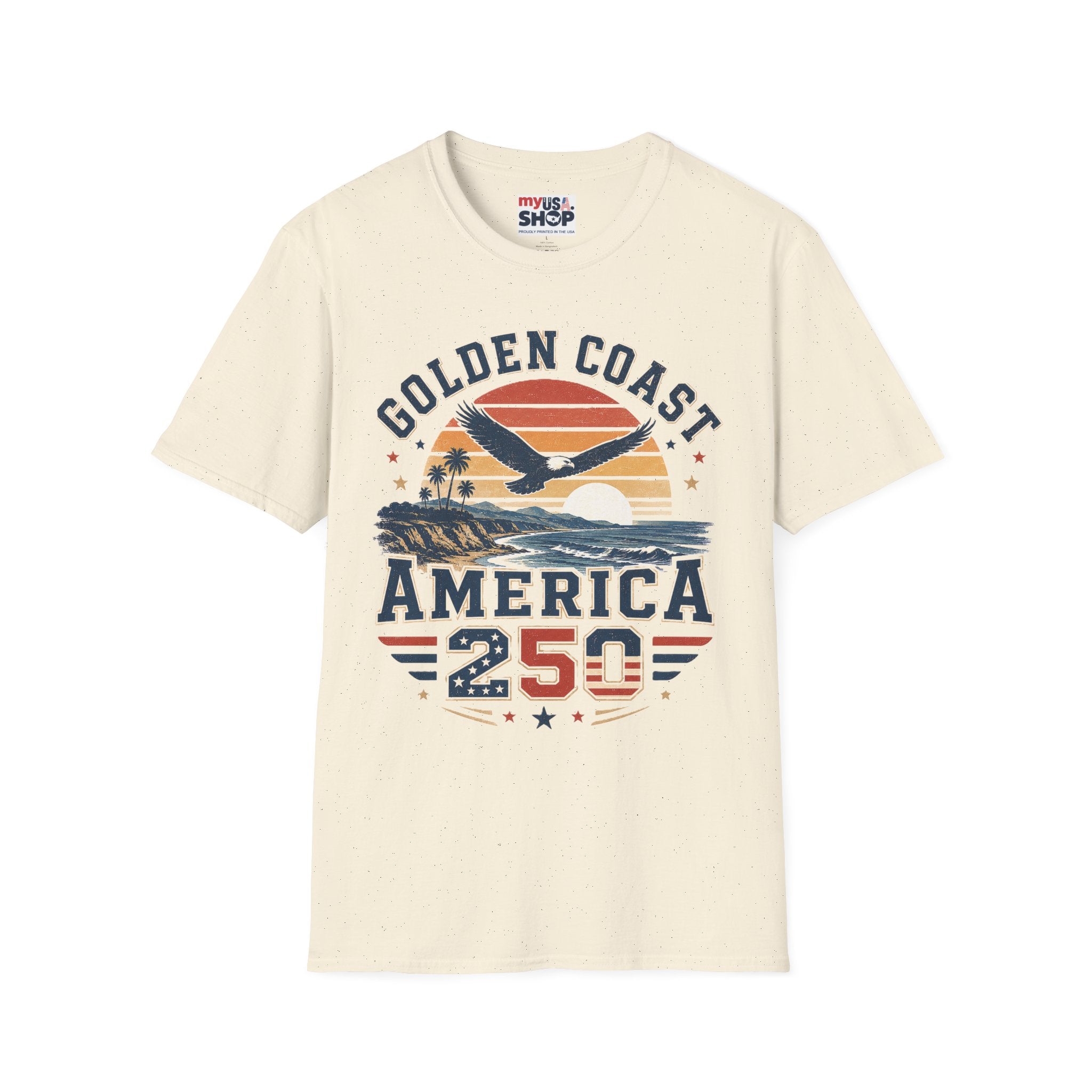 Golden Coast T-Shirt — Retro Sunset Eagle America 250 Beach Tee