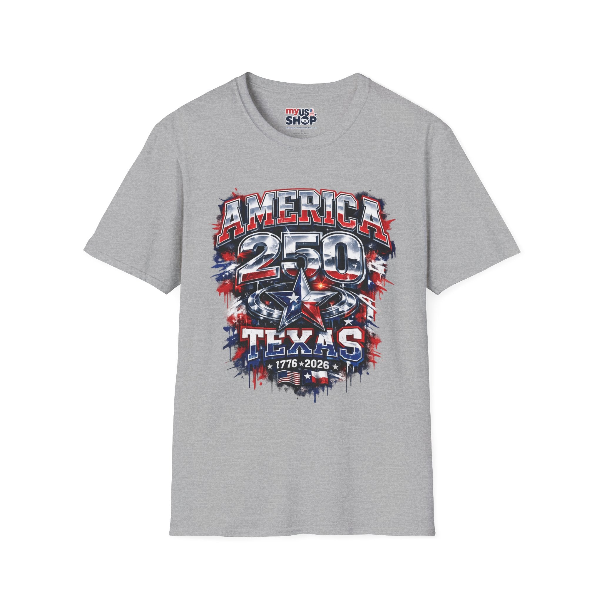 America 250 Texas Shirt — Patriotic Chrome Star Graphic Tee