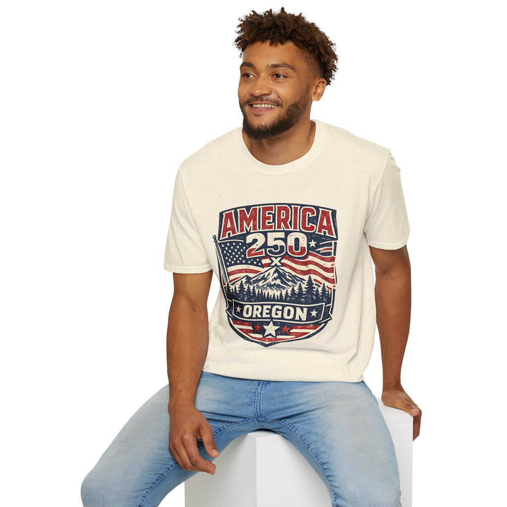 America 250 Oregon Shirt — Patriotic Mountain Flag Badge Tee