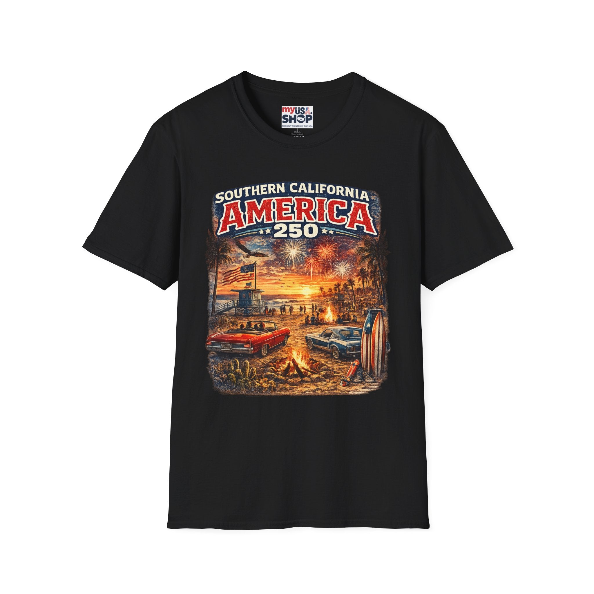 America 250 Southern California Sunset T-Shirt — Patriotic 4th of July Beach Vintage Tee
