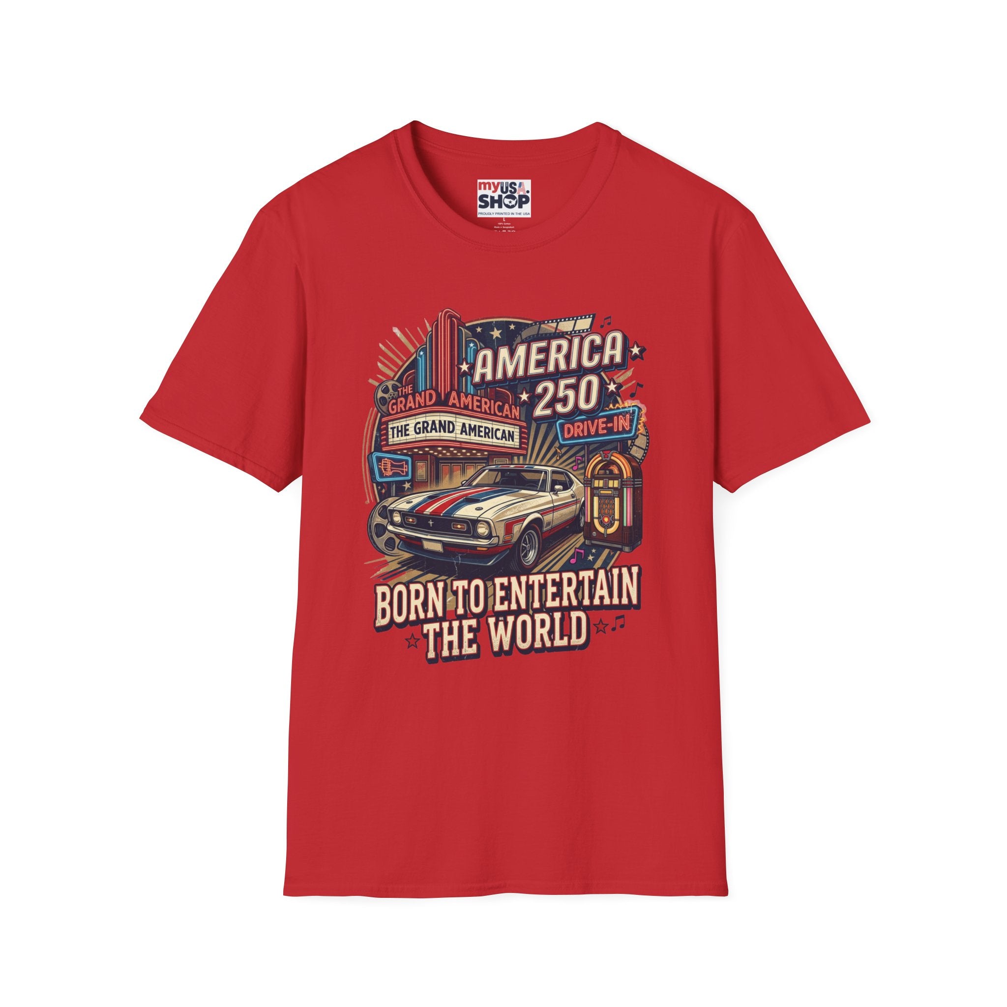 America 250 Vintage Drive-In Car T-Shirt — "Born to Entertain the World" Pop Culture