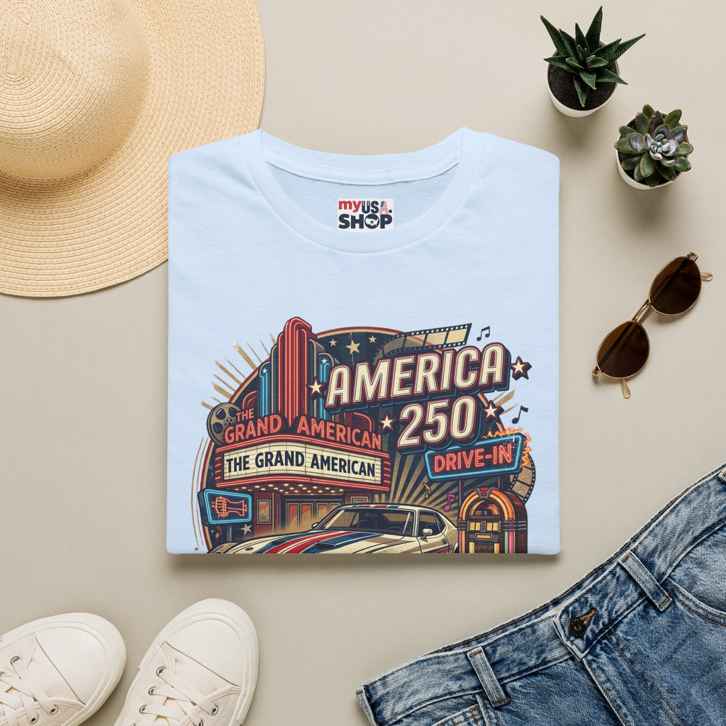 America 250 Vintage Drive-In Car T-Shirt — "Born to Entertain the World" Pop Culture