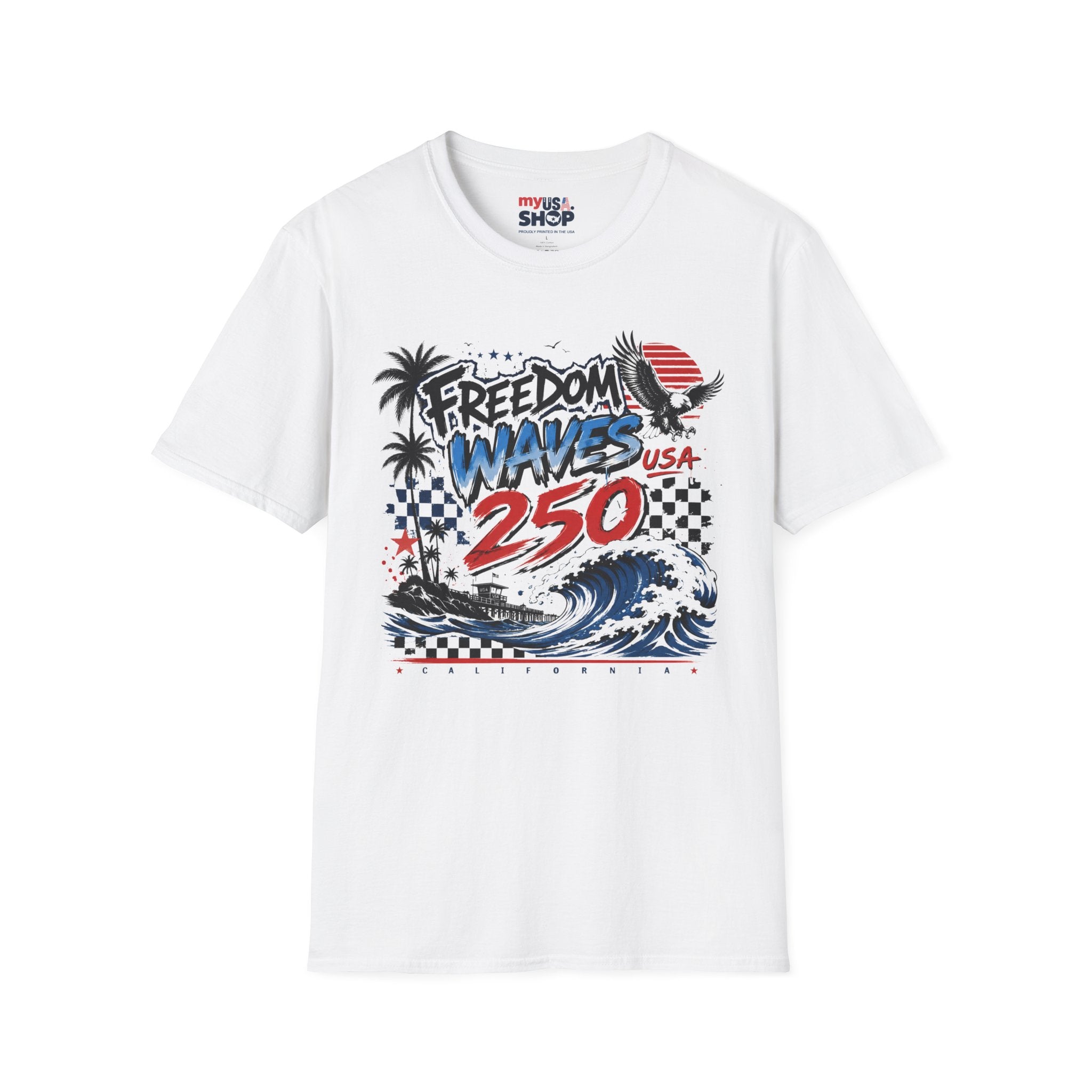 Freedom Waves America 250 USA T-Shirt — Patriotic Surf Graphic Tee