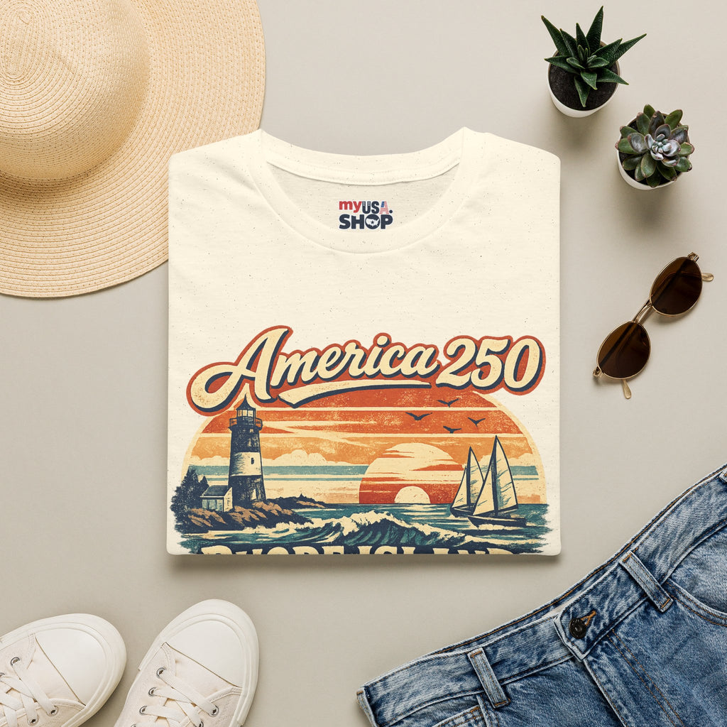 America 250 Rhode Island Heritage Shirt — Coastal Lighthouse Sunset Tee