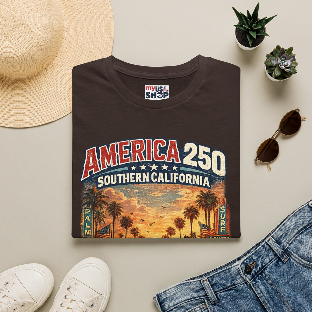 America 250 Southern California Sunset T‑Shirt — Retro Route 66 Palm Tree Tee