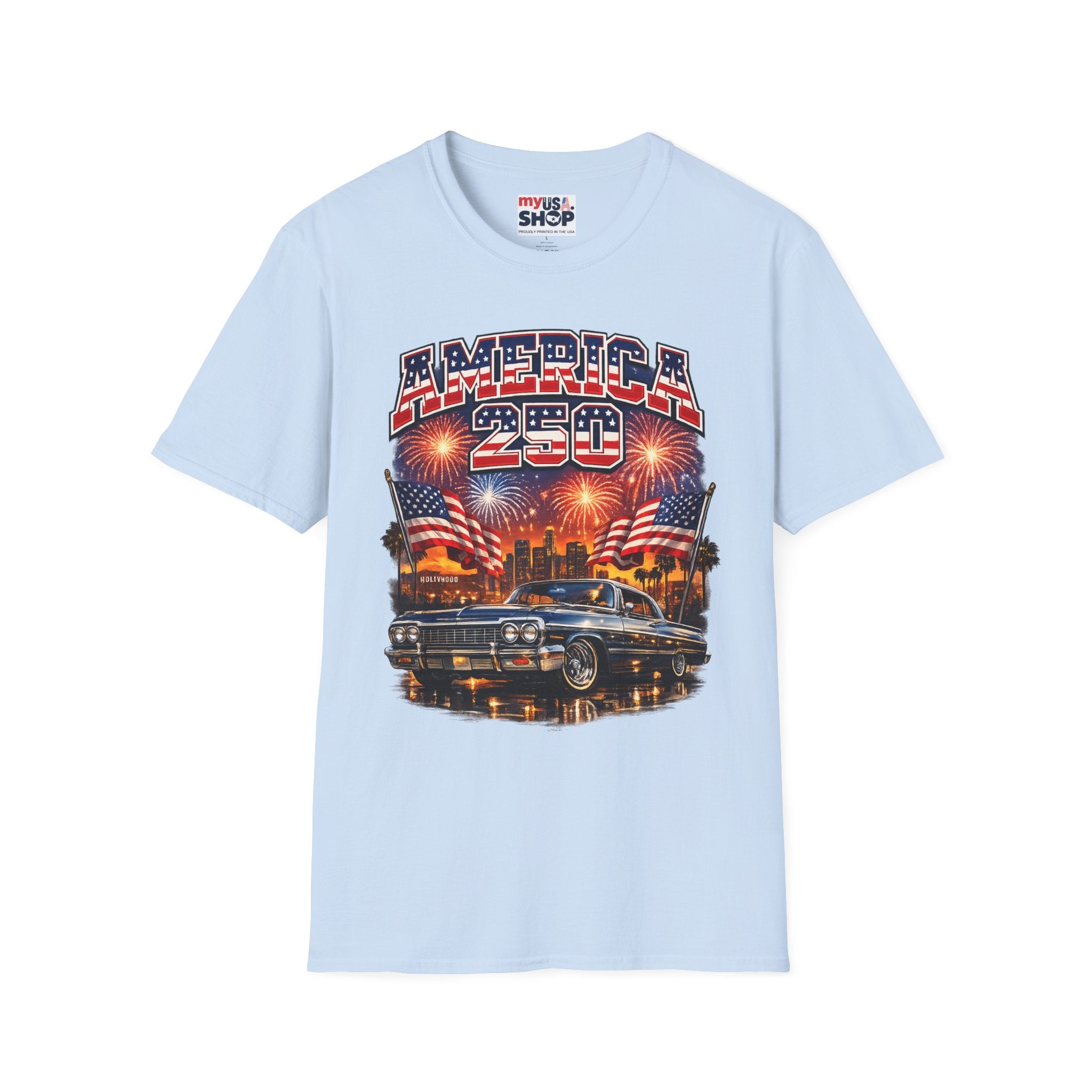 America 250 T-Shirt — Patriotic Fireworks Classic Car Tee for Independence Day