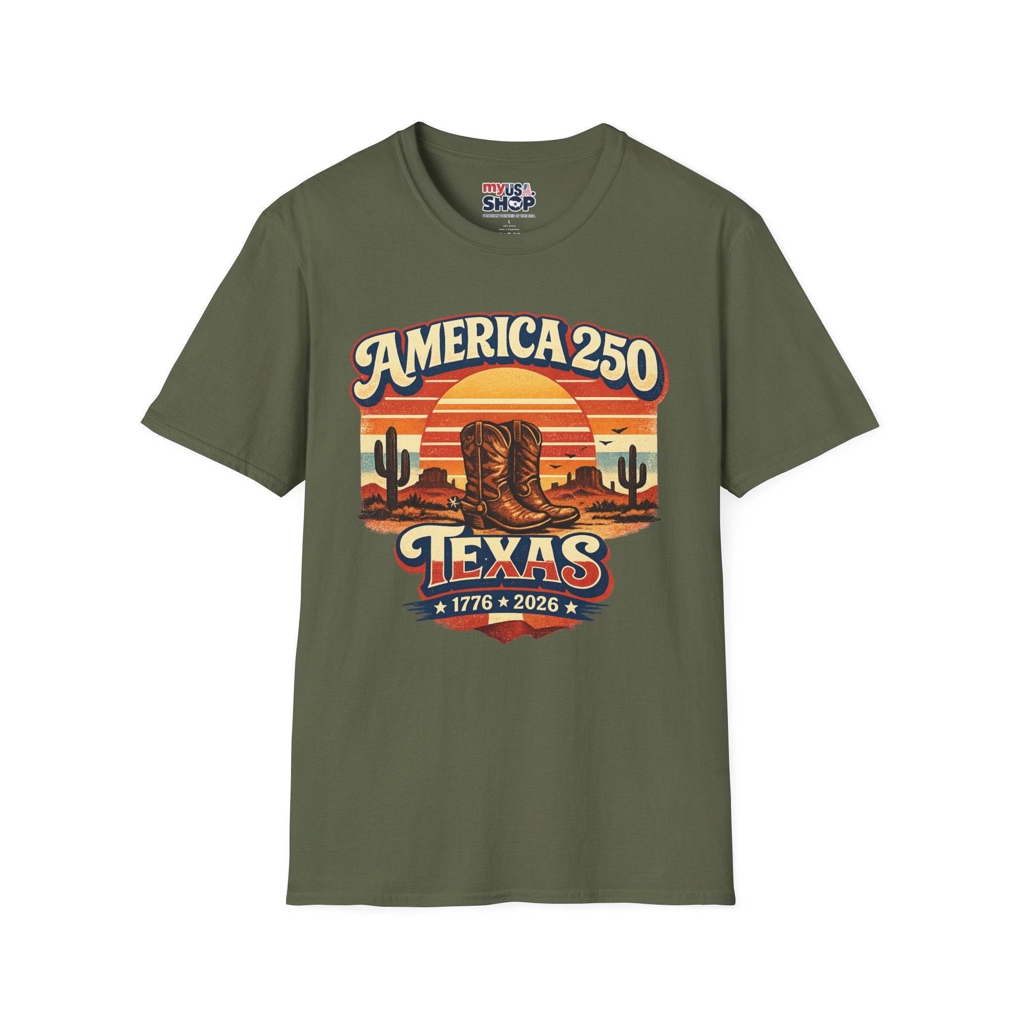 America 250 Texas T-Shirt — 1776–2026 Retro Cowboy Boots Sunset Design