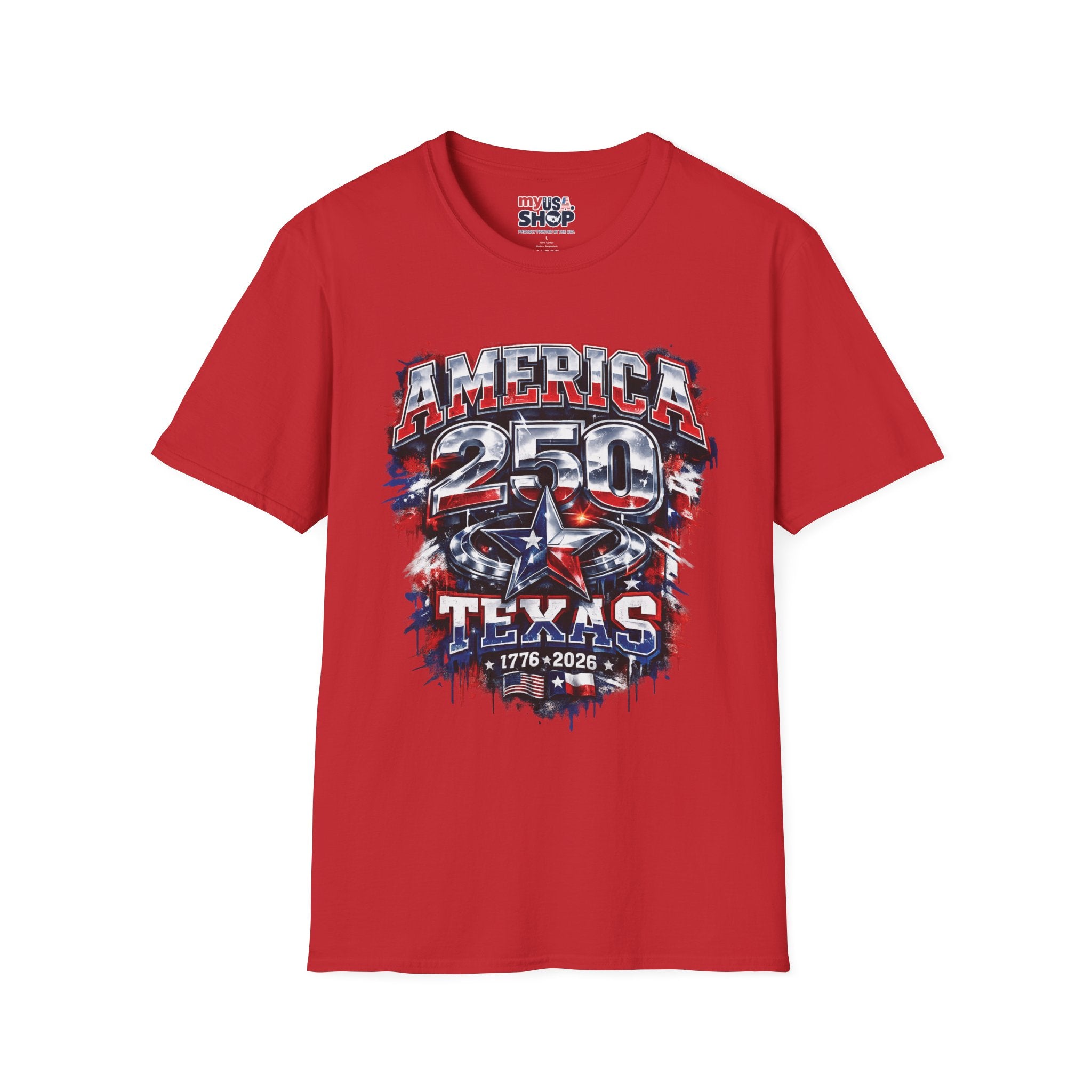 America 250 Texas Shirt — Patriotic Chrome Star Graphic Tee
