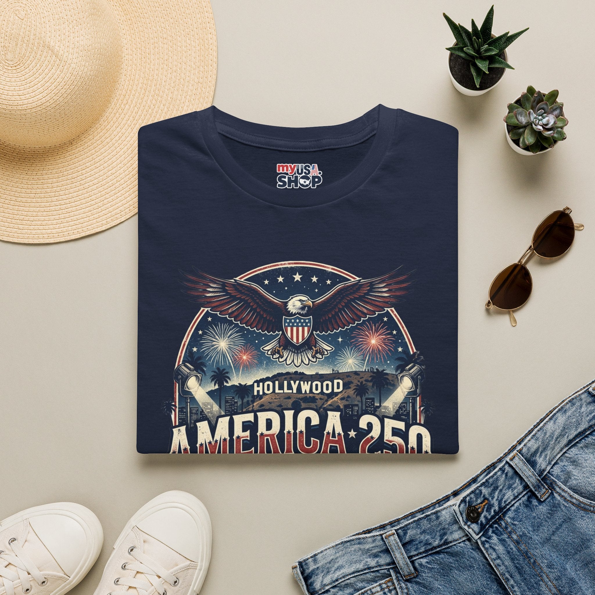 America 250 Graphic T-Shirt — Hollywood Stars & Stripes Eagle Design
