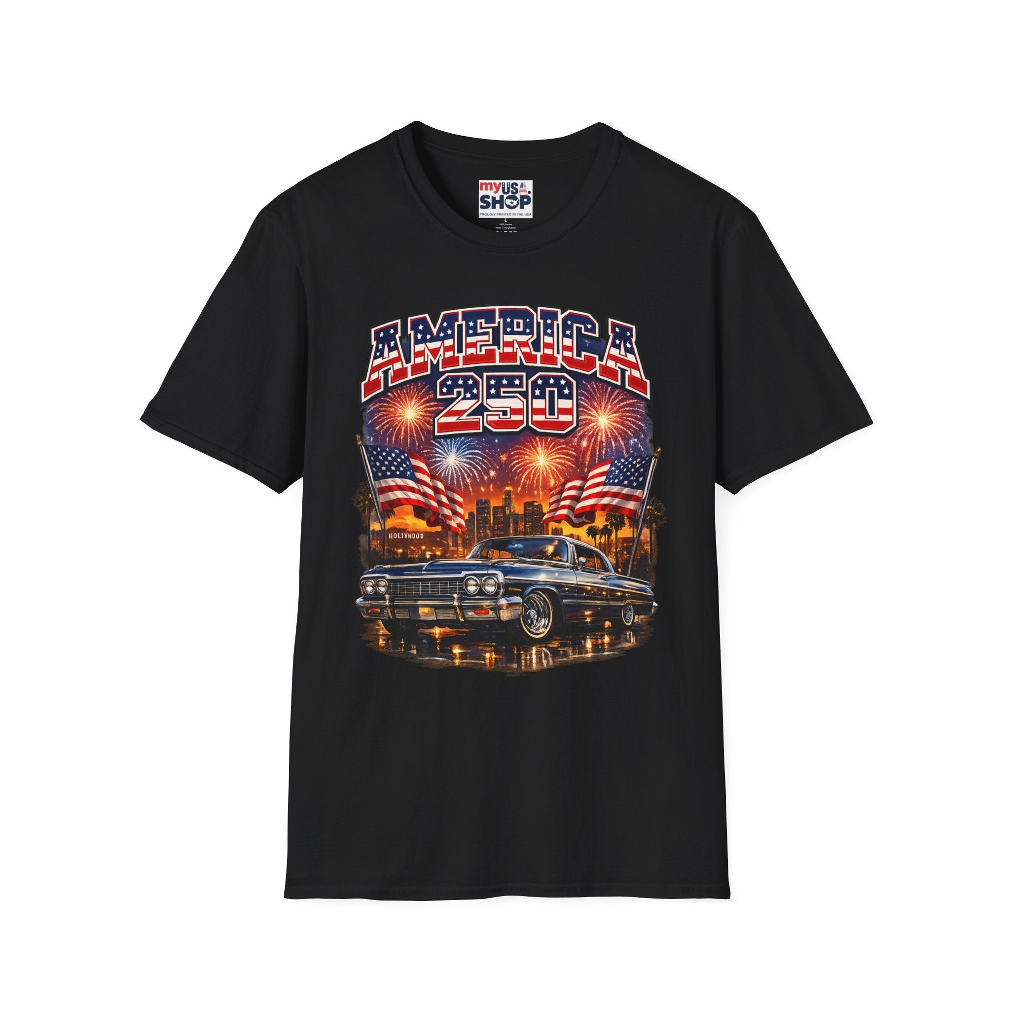 America 250 T-Shirt — Patriotic Fireworks Classic Car Tee for Independence Day