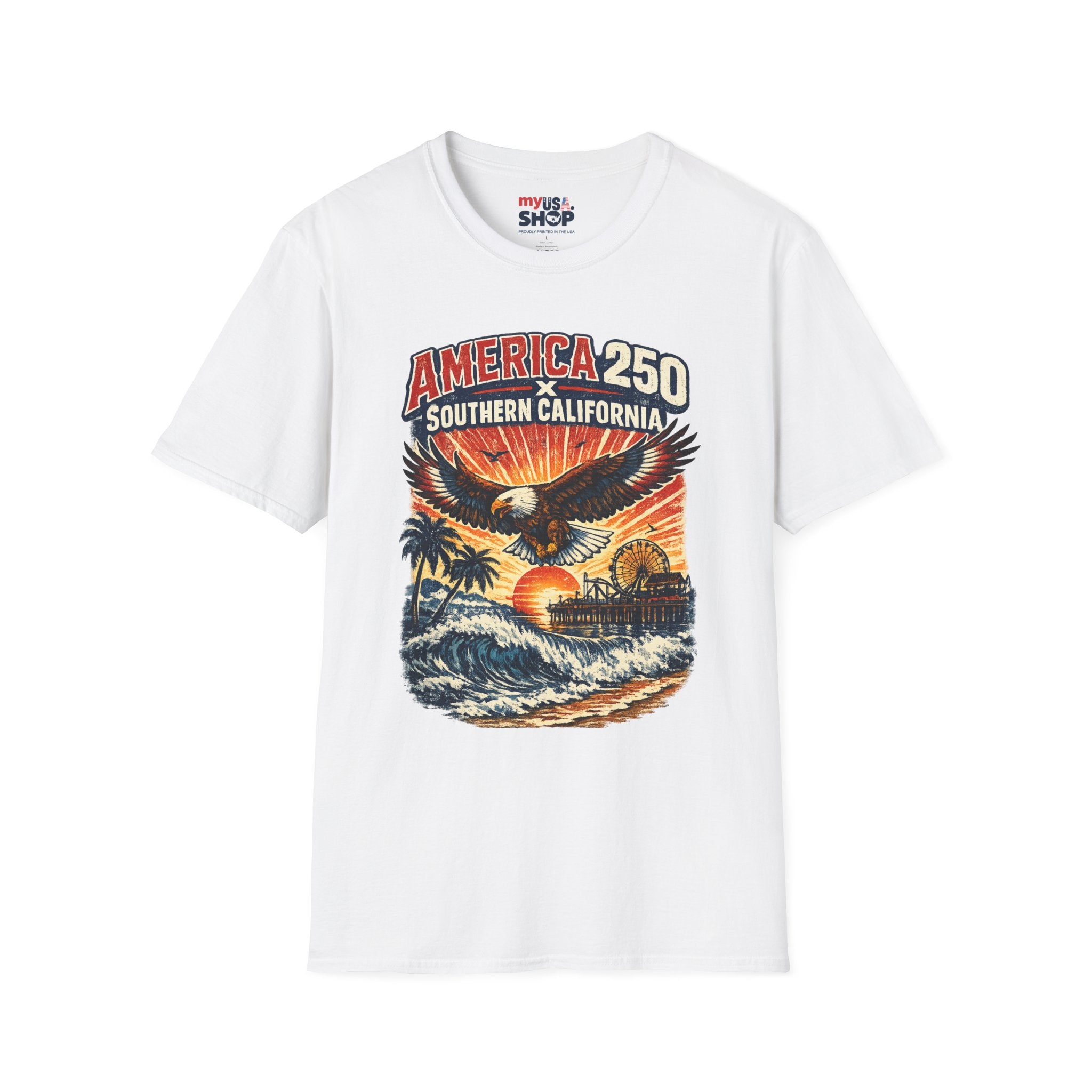 America 250 Southern California Graphic T-Shirt — Eagle, Sunset & Beach Vintage Design