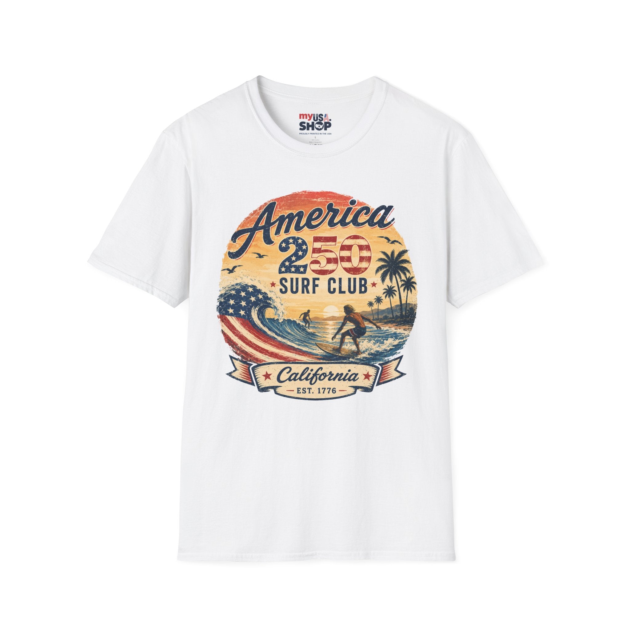 America 250 Surf Club T-Shirt — Patriotic California Surf Vintage Tee