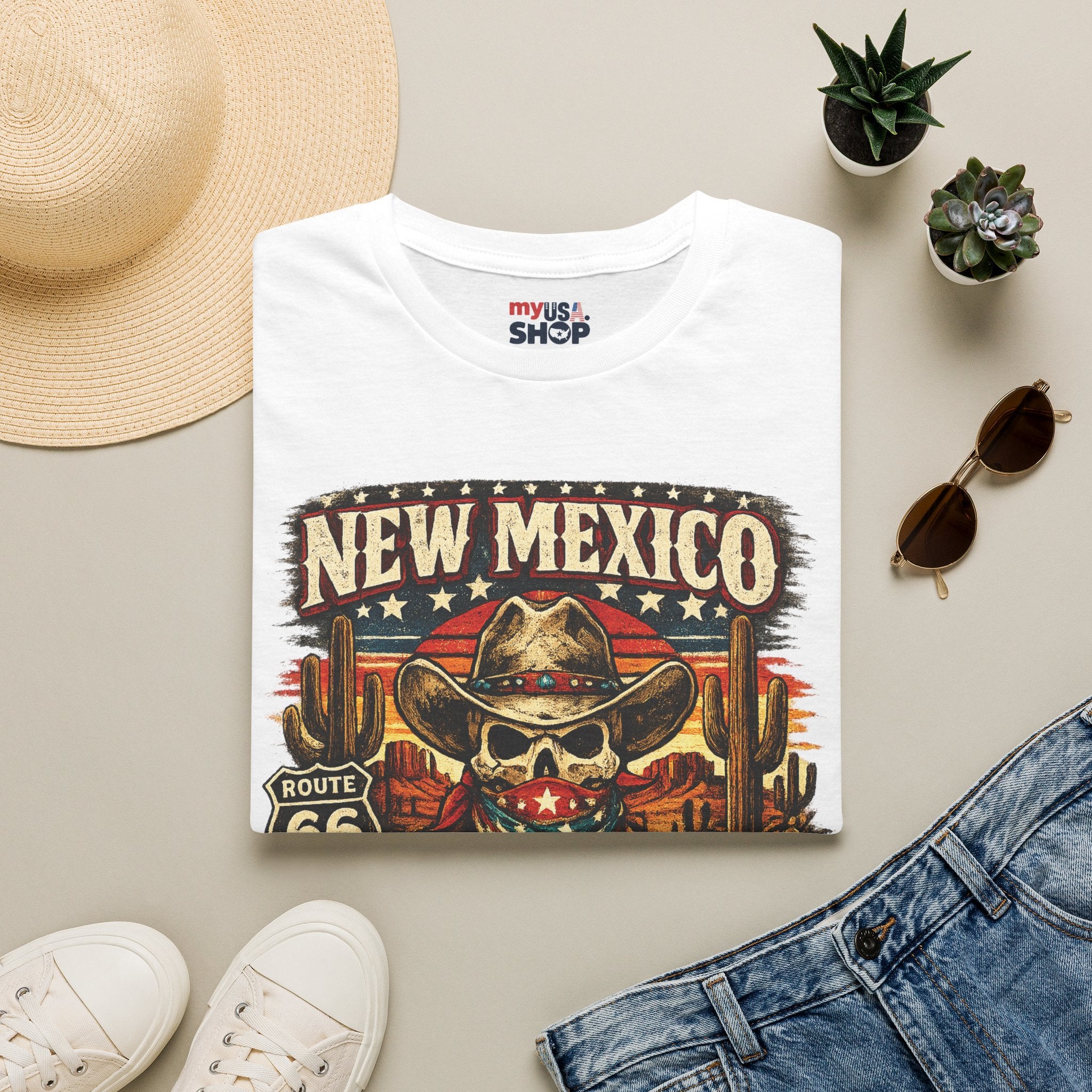 America 250 New Mexico Skull Cowboy T-Shirt — Route 66 Americana Desert Tee