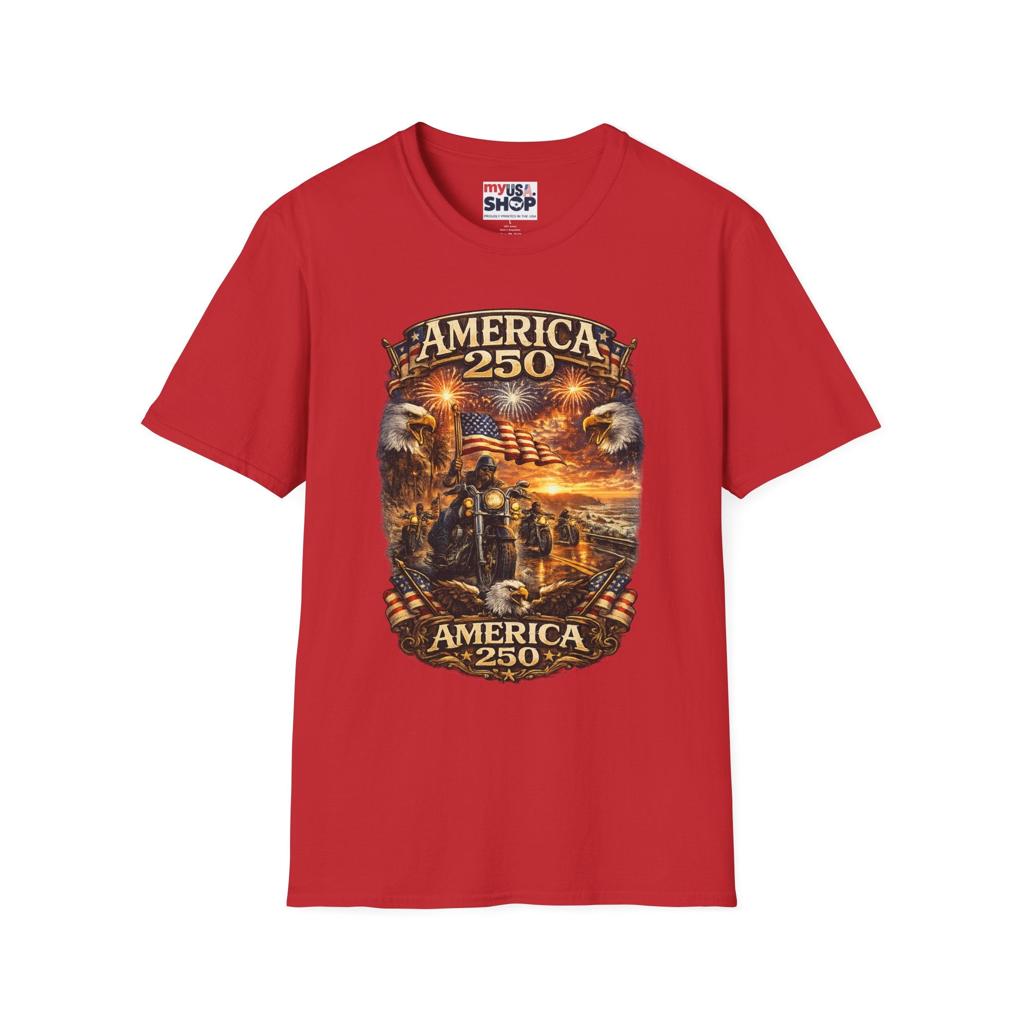 America 250 Celebration T-Shirt — Patriotic Fireworks & Bald Eagle Tee