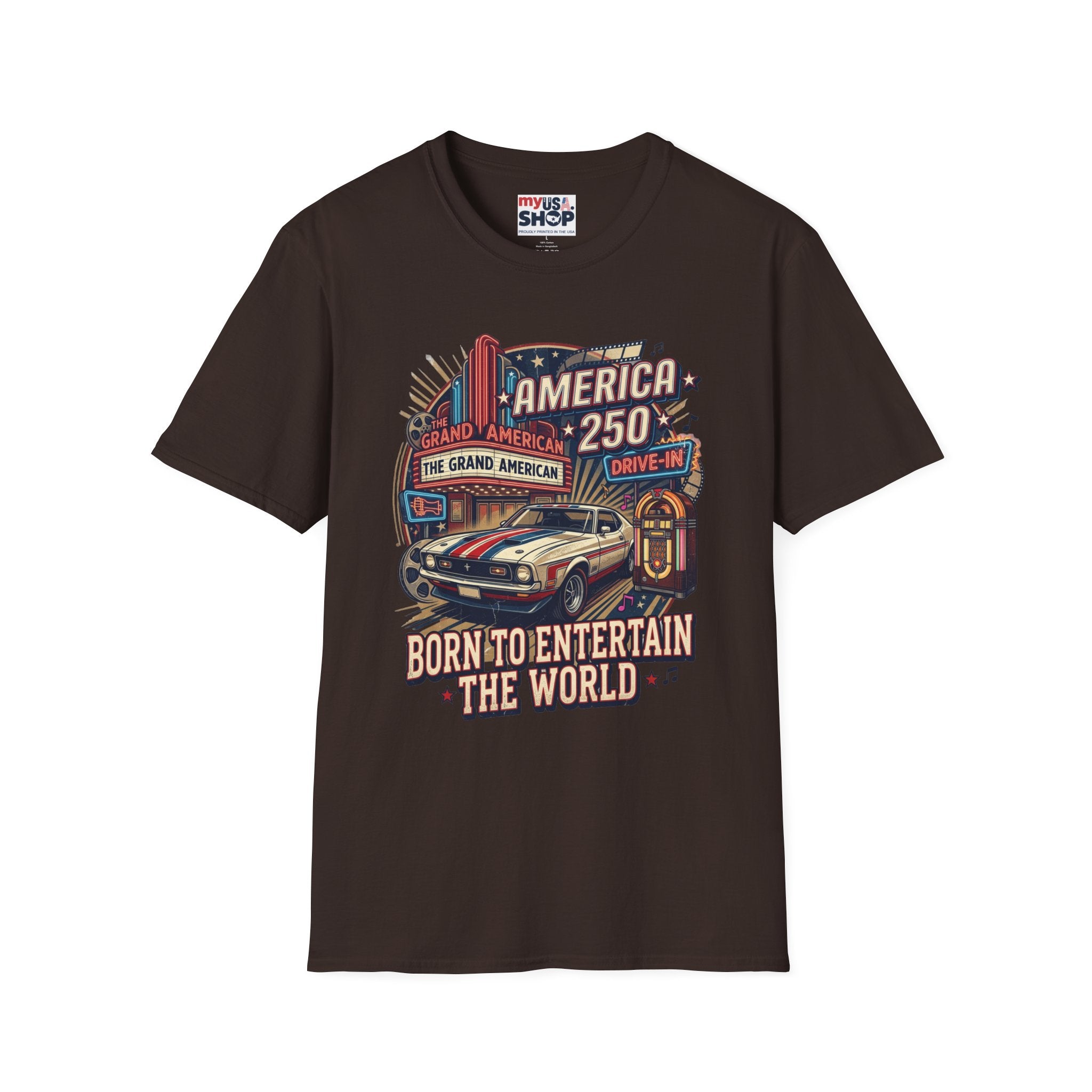 America 250 Vintage Drive-In Car T-Shirt — "Born to Entertain the World" Pop Culture