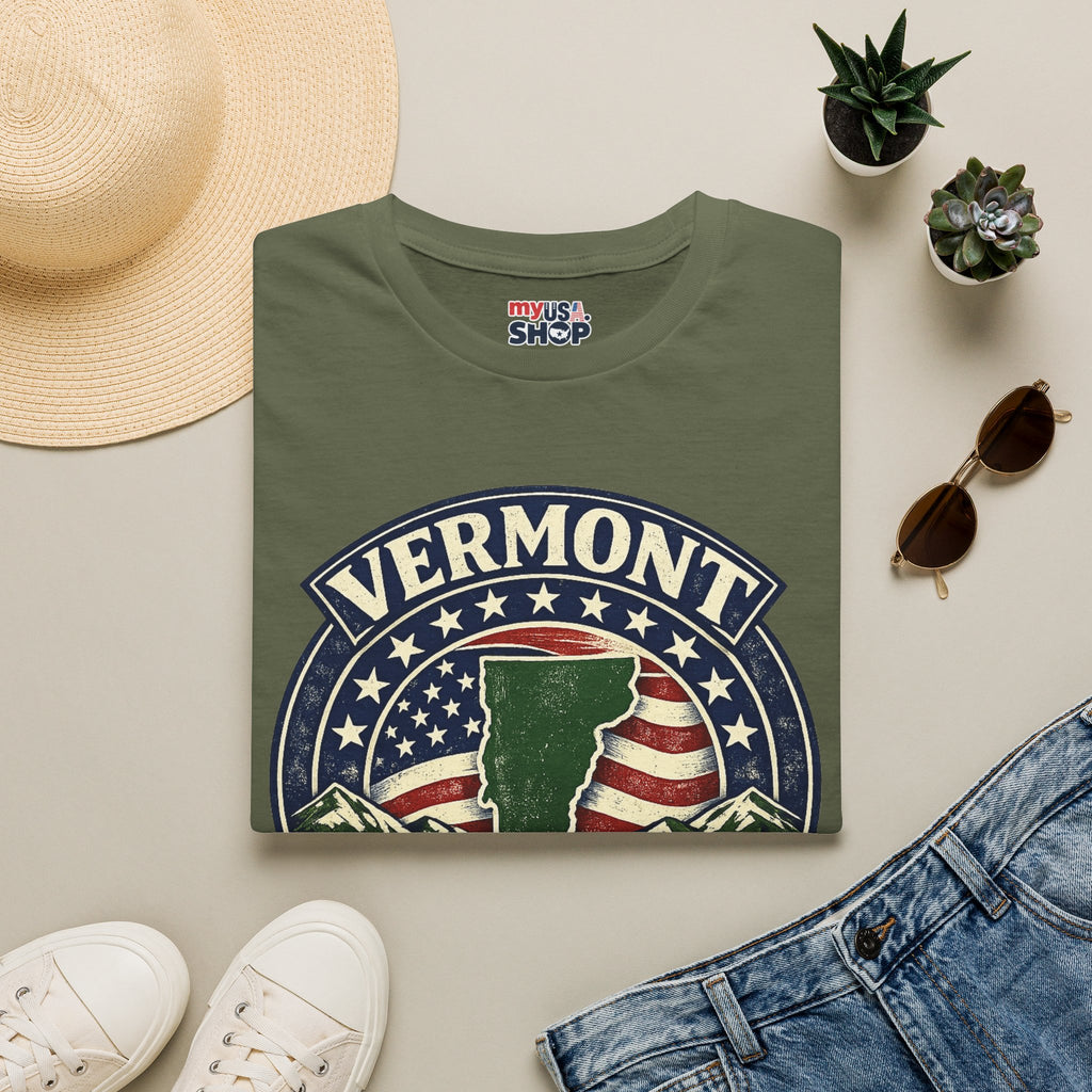 America 250 – Vermont Est. 1776 Map Vintage Tee Design