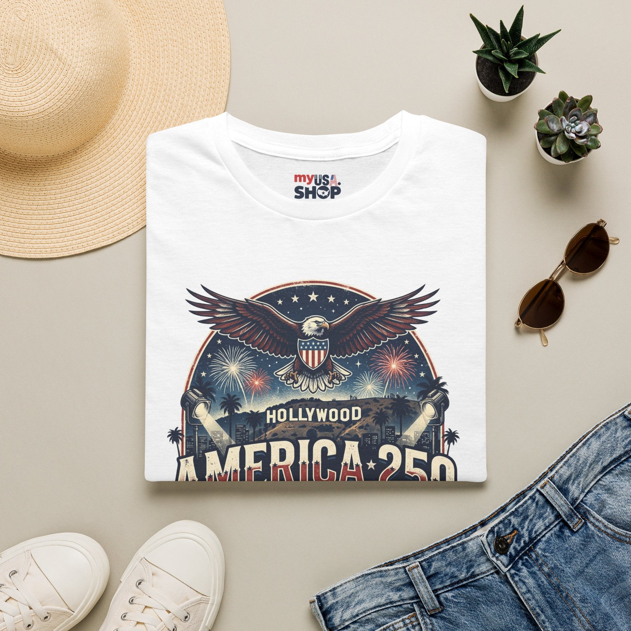 America 250 Graphic T-Shirt — Hollywood Stars & Stripes Eagle Design