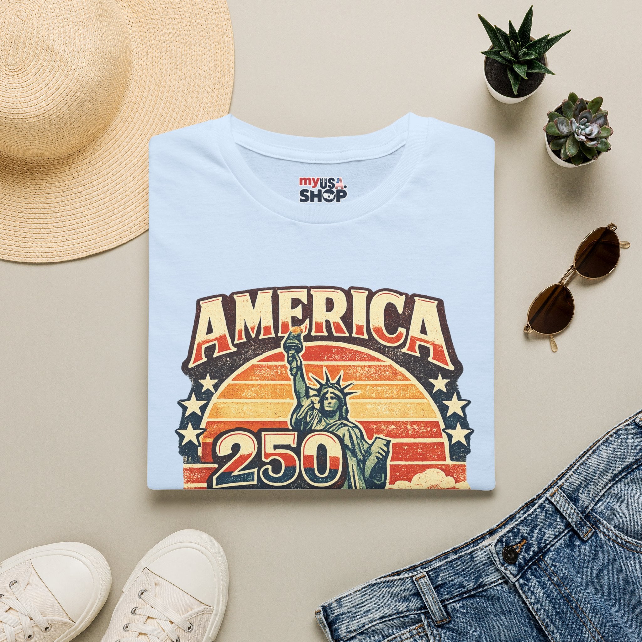 America 250 New York T-Shirt — Retro Statue of Liberty Graphic
