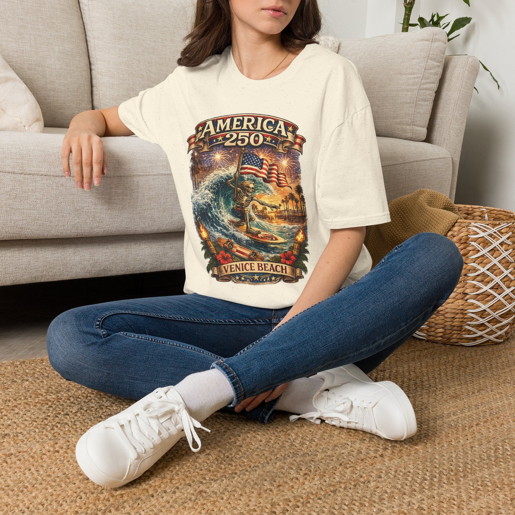 America 250 Venice Beach T-Shirt — Patriotic Vintage Surf & Fireworks Tee