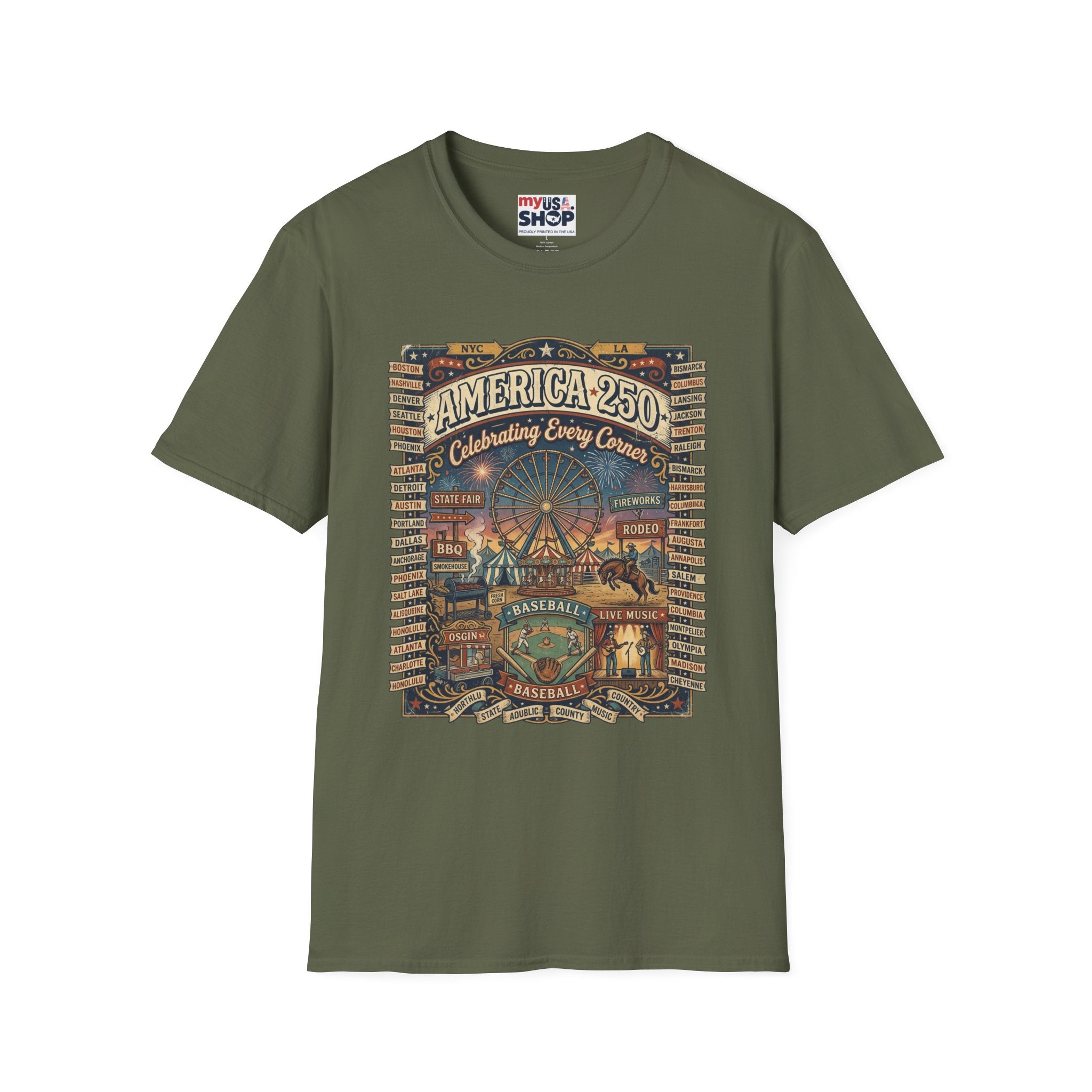 America 250 Celebration T-Shirt — Vintage Fair Ferris Wheel Patriotic Tee Pop Culture