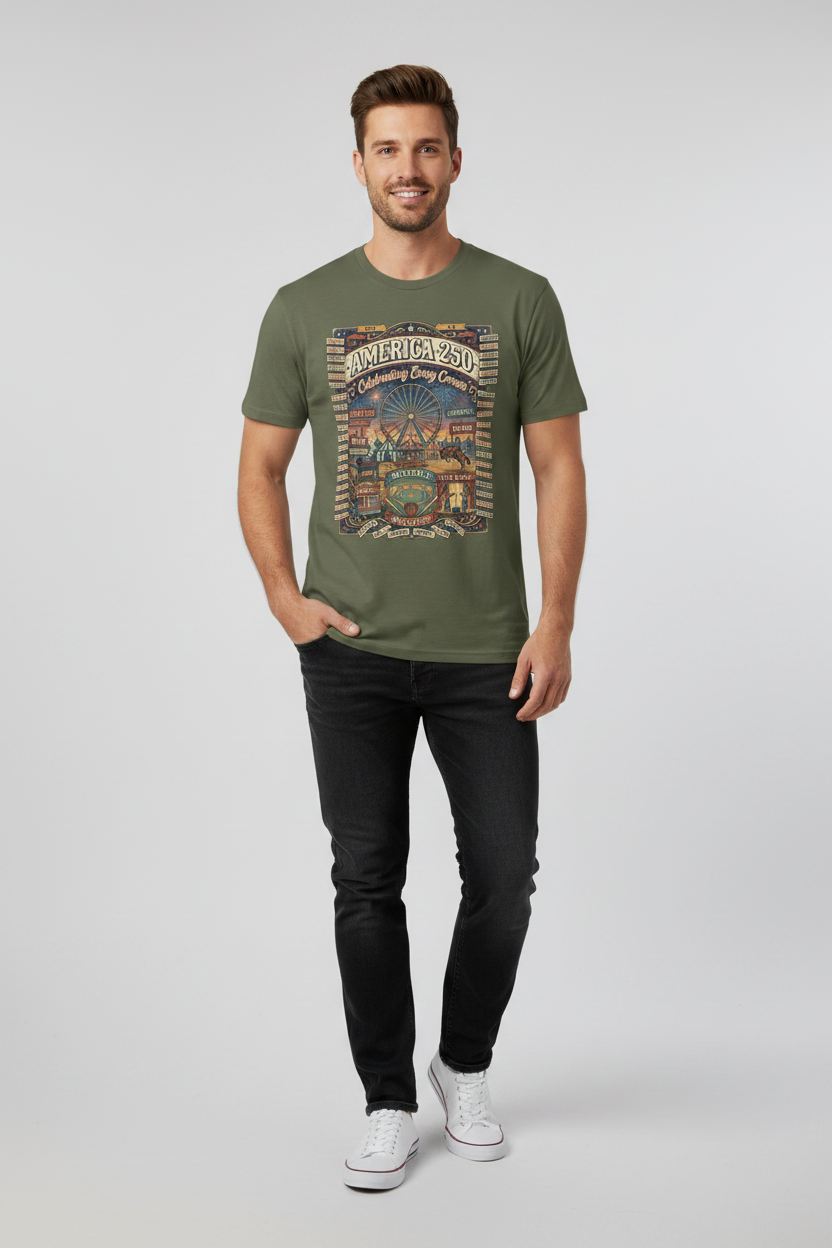 America 250 Celebration T-Shirt — Vintage Fair Ferris Wheel Patriotic Tee Pop Culture