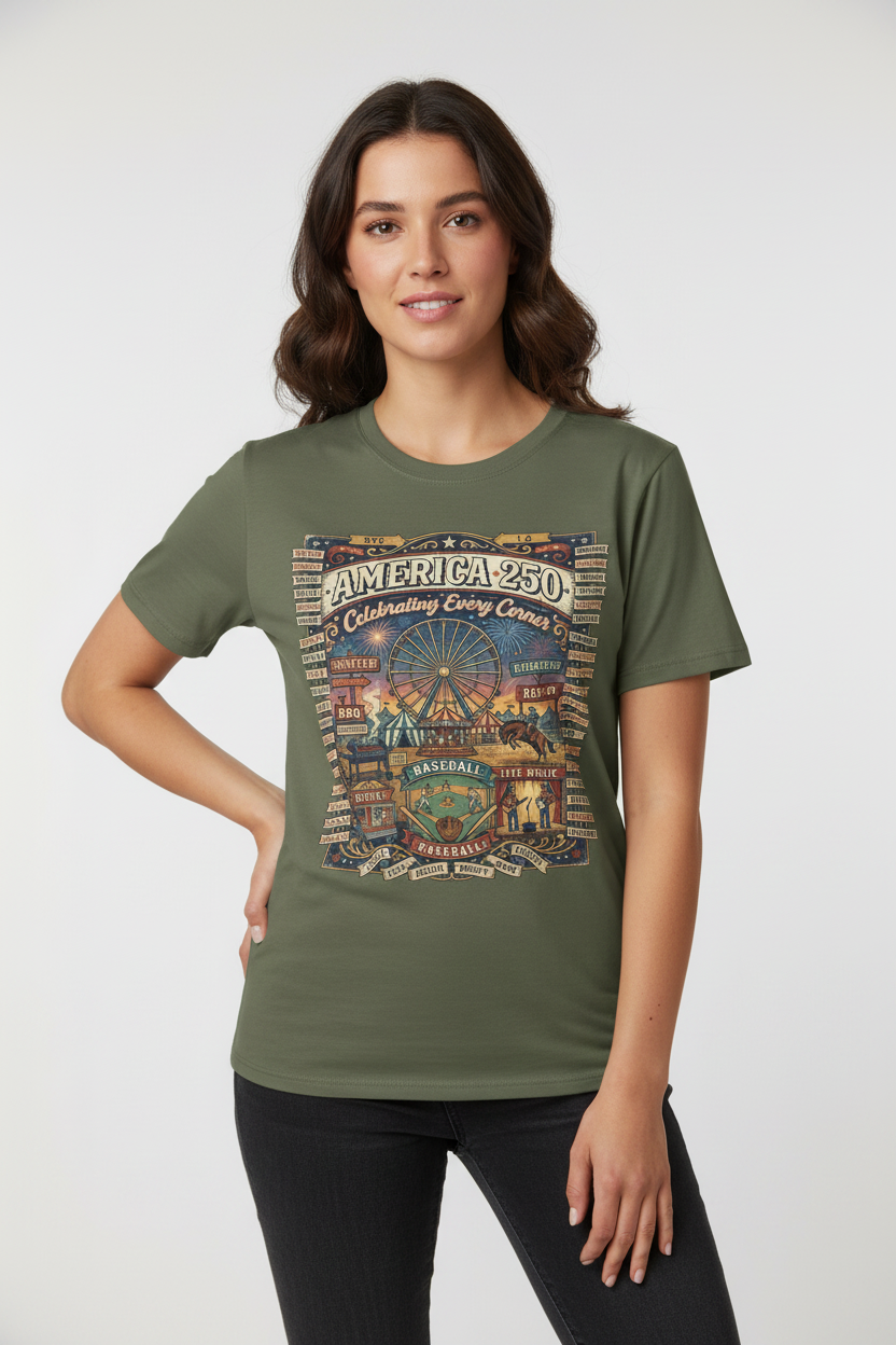 America 250 Celebration T-Shirt — Vintage Fair Ferris Wheel Patriotic Tee Pop Culture