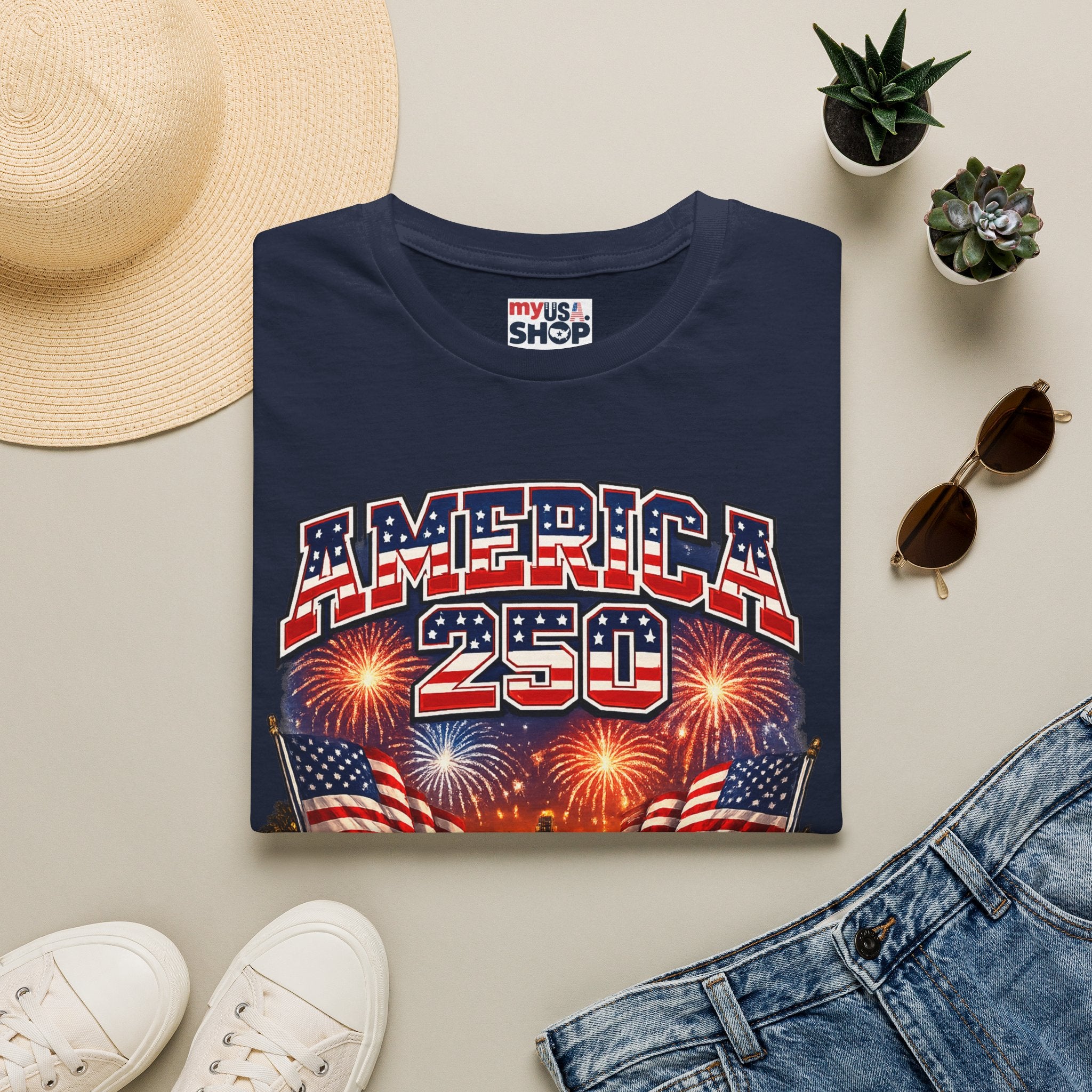 America 250 T-Shirt — Patriotic Fireworks Classic Car Tee for Independence Day