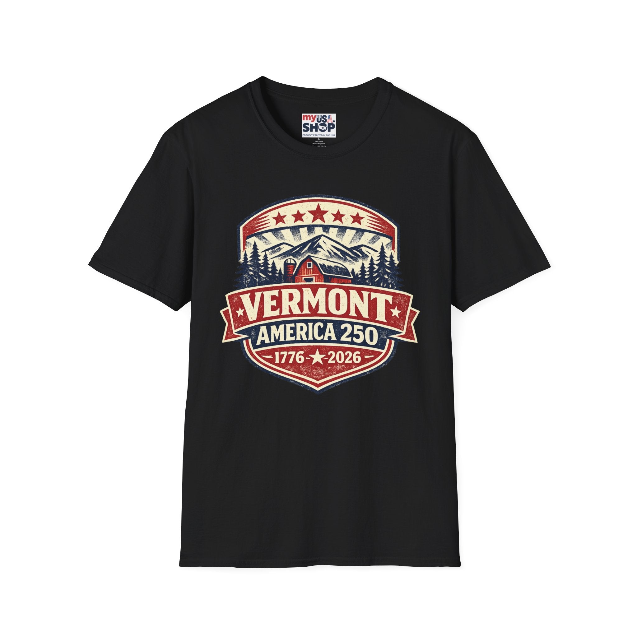 Vermont America 250 T-Shirt — Retro Mountain Cabin Design