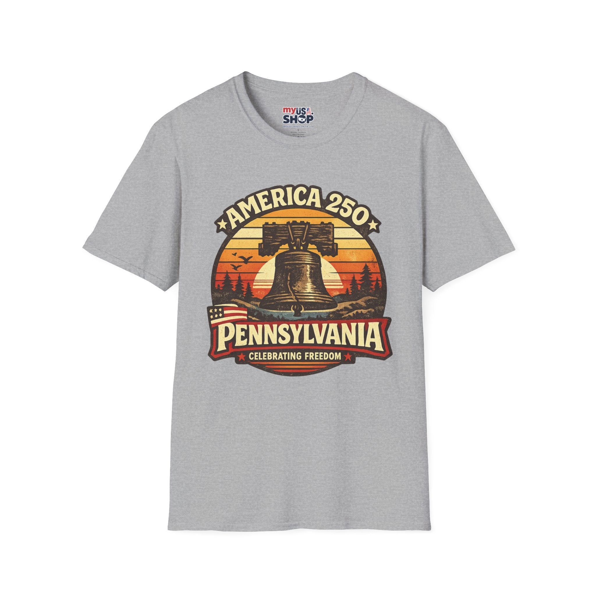 Pennsylvania America 250 Shirt — Retro Sunset Liberty Bell Graphic Tee