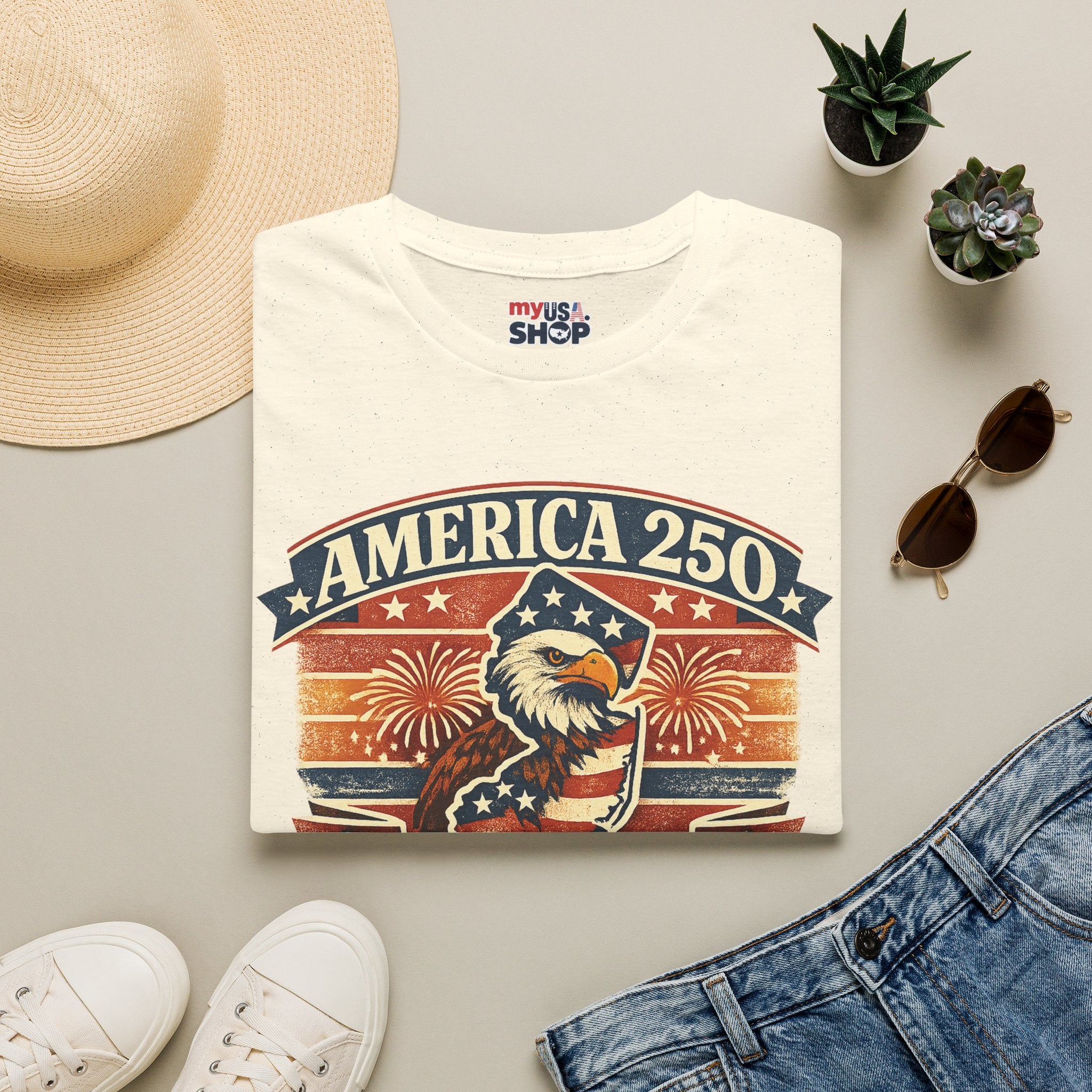 America 250 New Jersey T‑Shirt — Patriotic Bald Eagle & Fireworks Tee